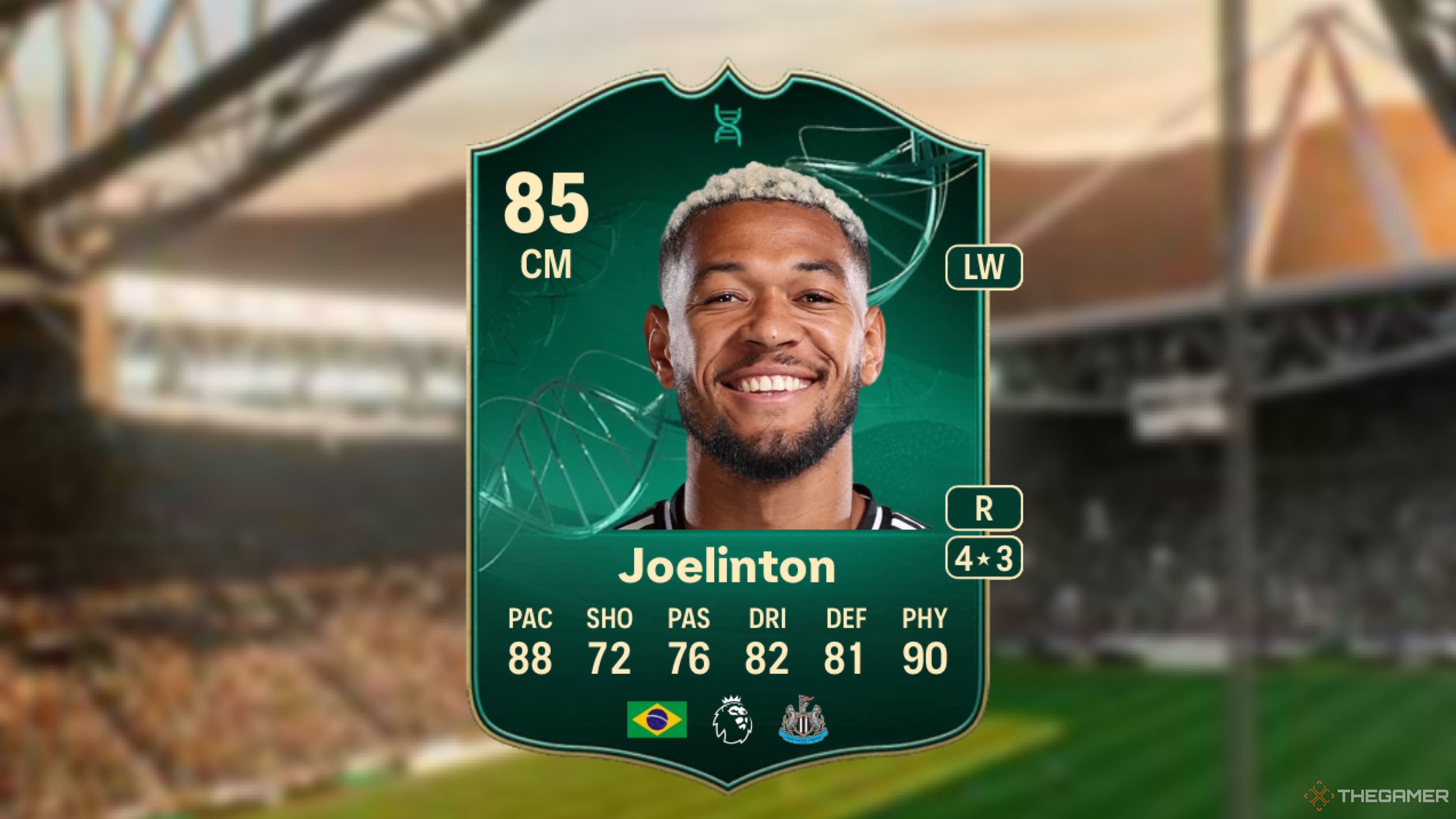 Image showing Joelinton card against a faded stadium background.