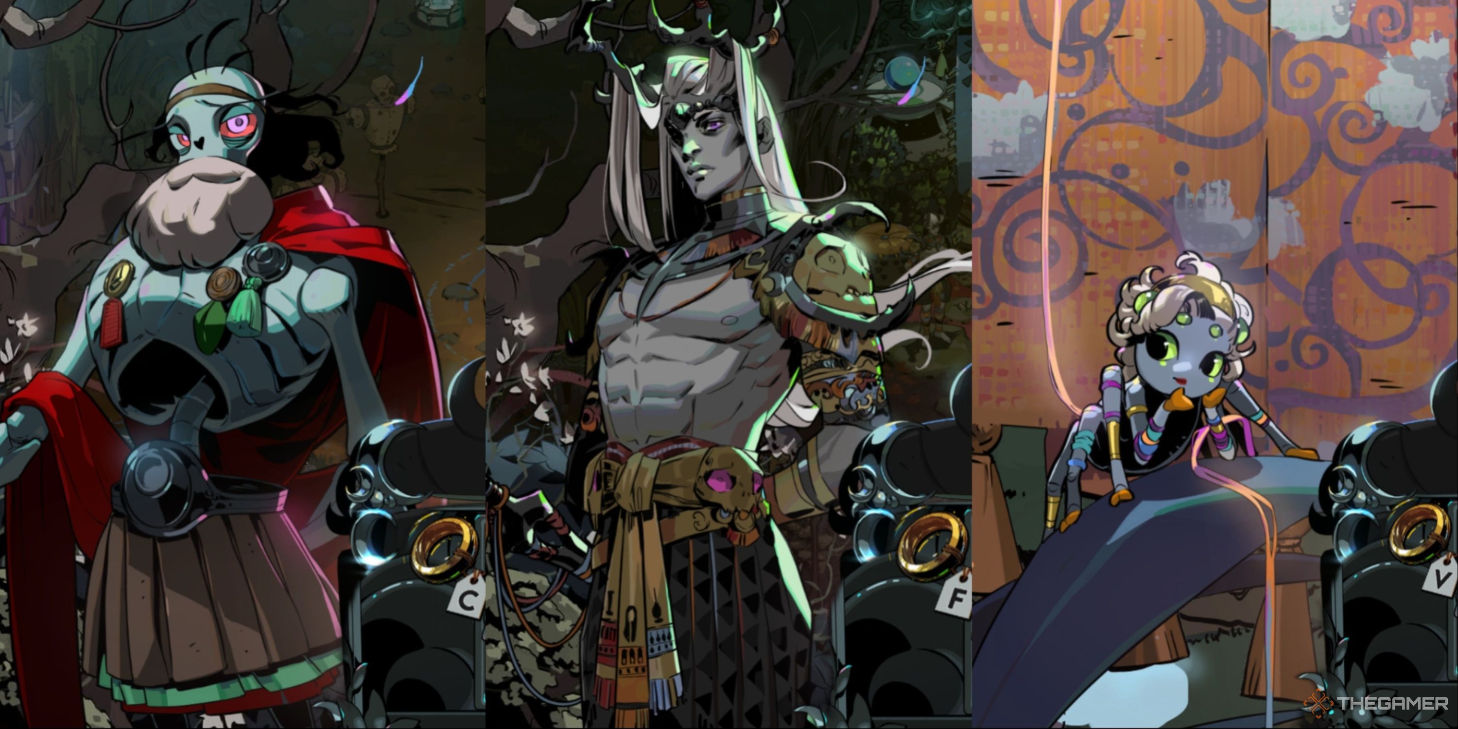 Three-image collage of Schelemeus with his Keepsake ring, Moros with his Keepsake ring, and Arachne with her Keepsake ring.