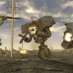 A player shooting Securitrons during one of the best single-player games, Fallout: New Vegas.