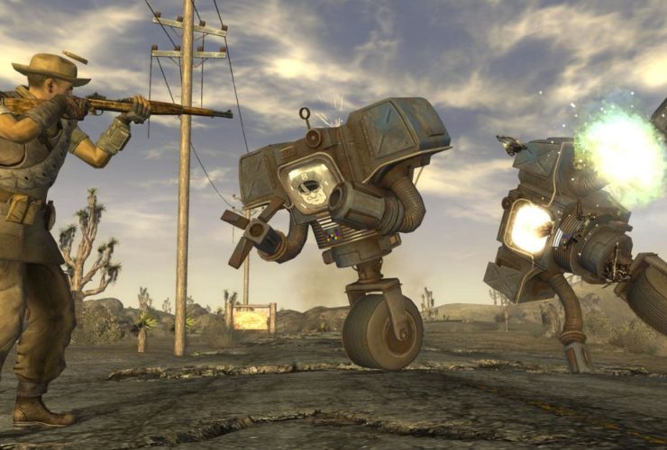 A player shooting Securitrons during one of the best single-player games, Fallout: New Vegas.