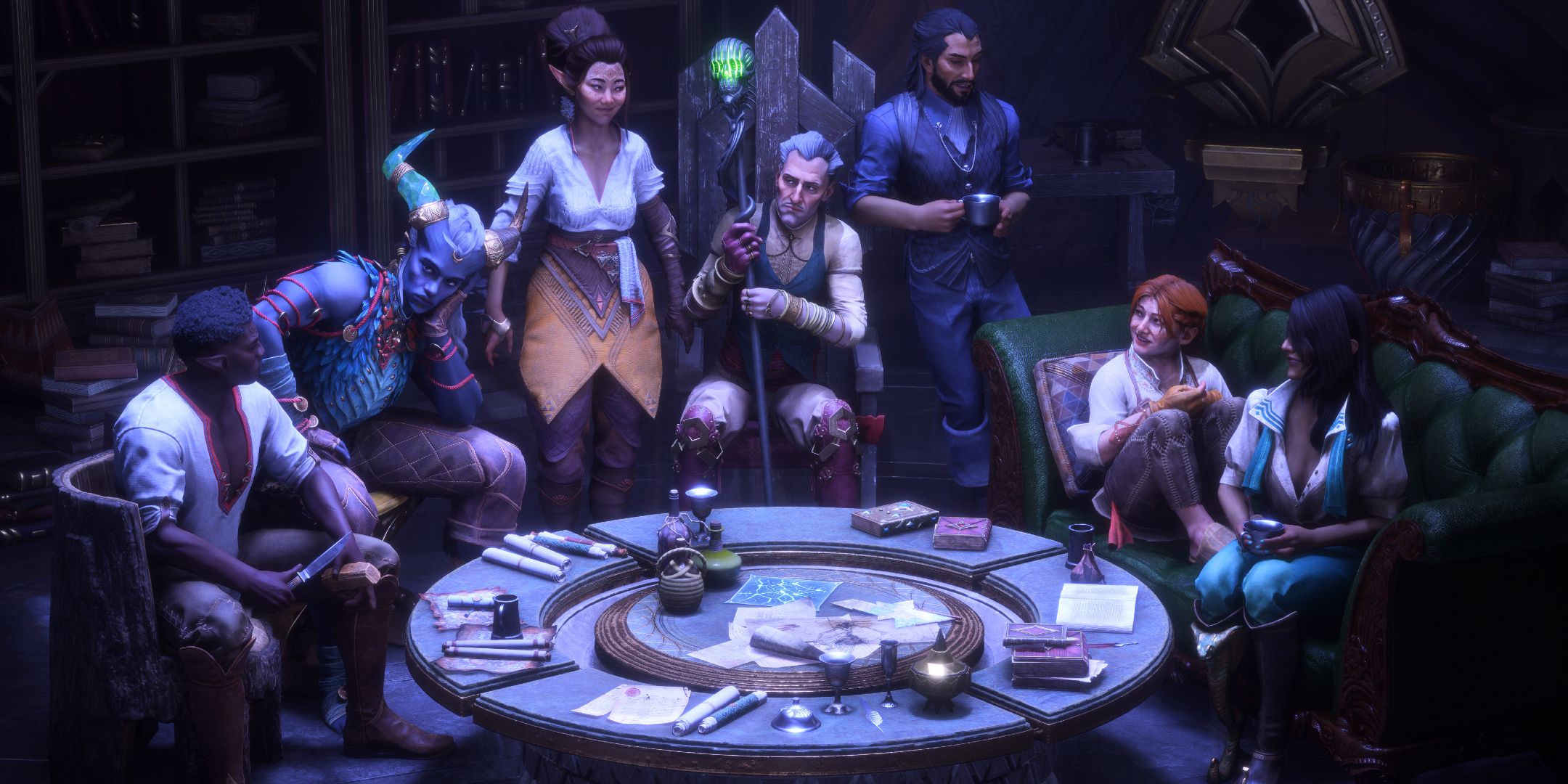 Dragon Age The Veilguard party sat around a table