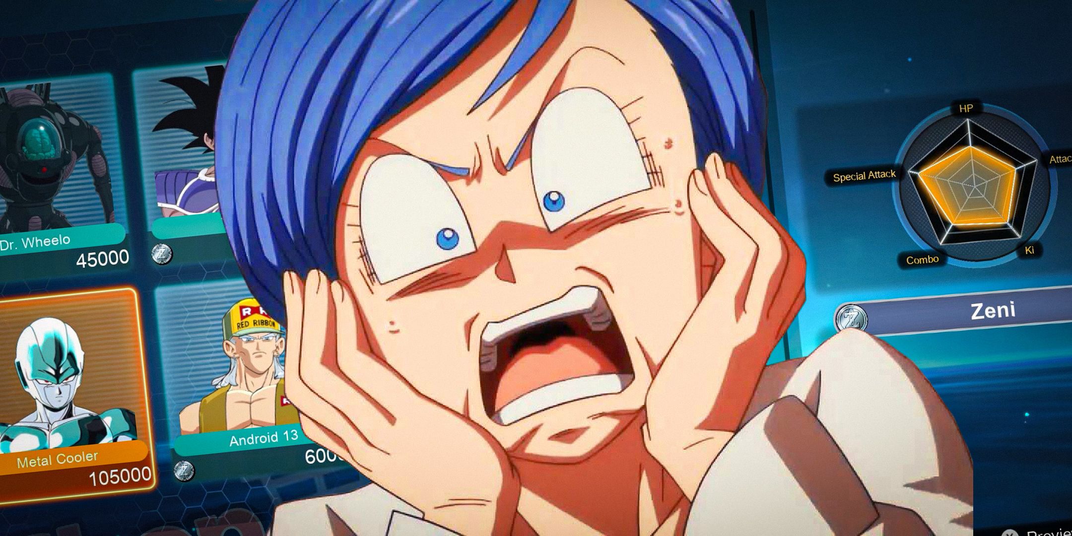 An image of Bulma screaming against the Dragon Ball: Sparking Zero shop