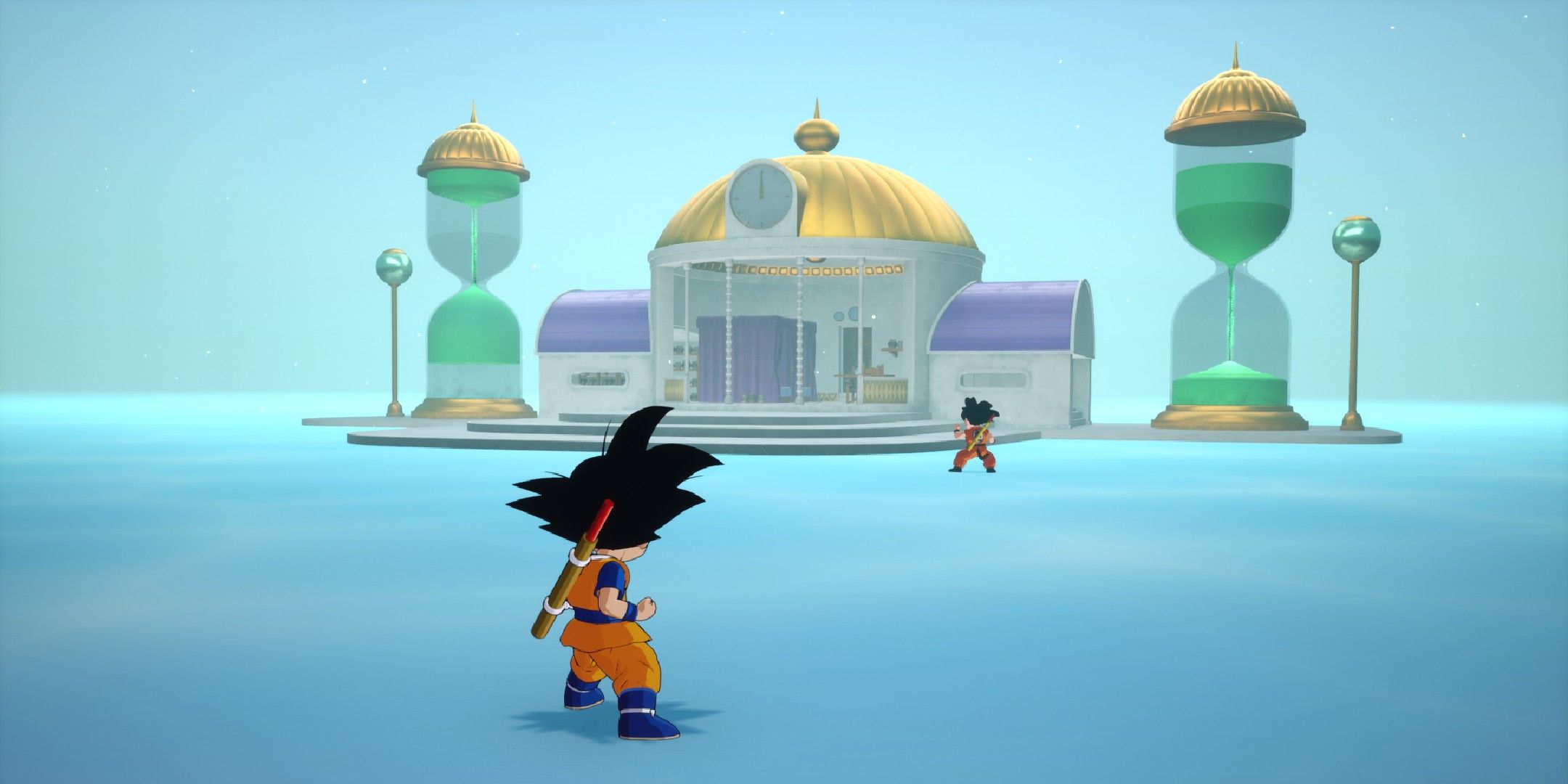 Dragon Ball Sparking Zero image showing two small Gokus in the Hyperbolic Time Chamber stage.