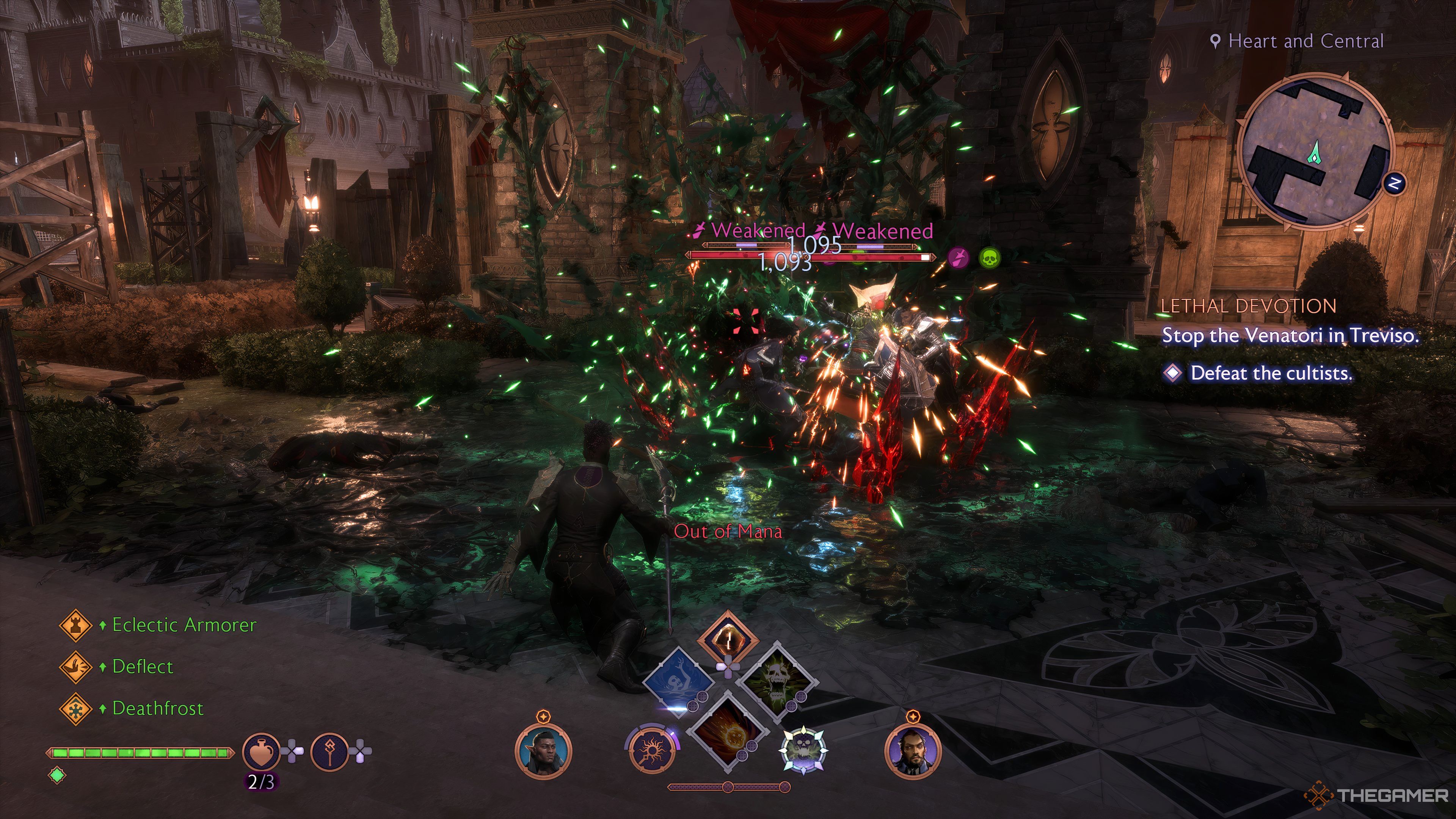 Player Rook casting Corrupted Ground on a group of Venatori mages in Treviso in Dragon Age: The Veilguard.