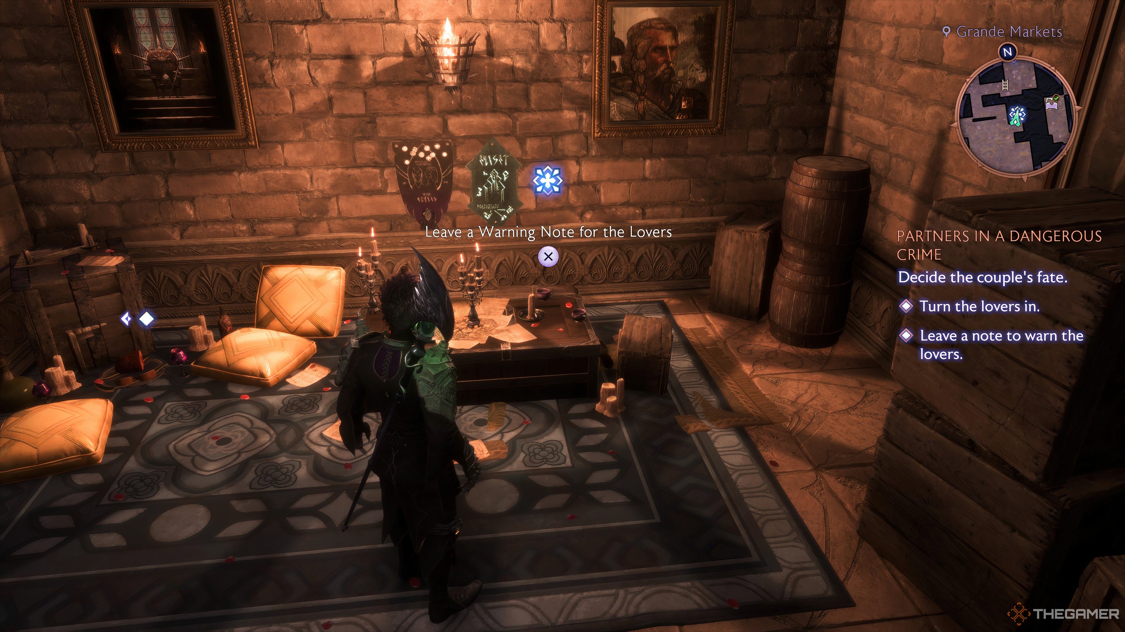 Player Rook standing by an area with a prompt to leave a note behind in Dragon Age: The Veilguard.