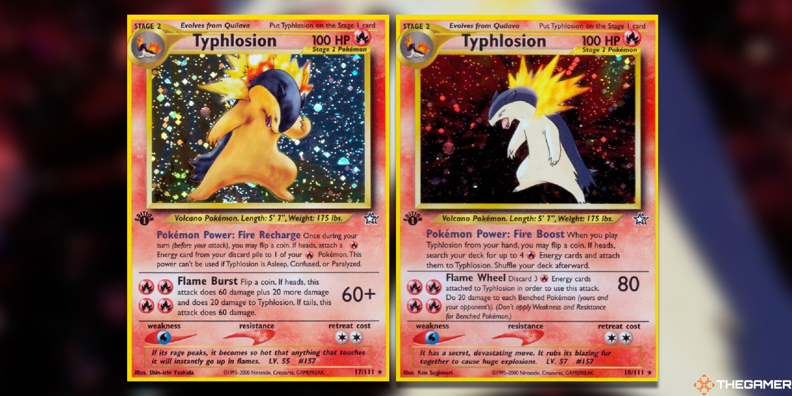 The Typhlosion T17 and T18 Holo Rares from Neo Genesis First Edition in the Pokemon TCG.