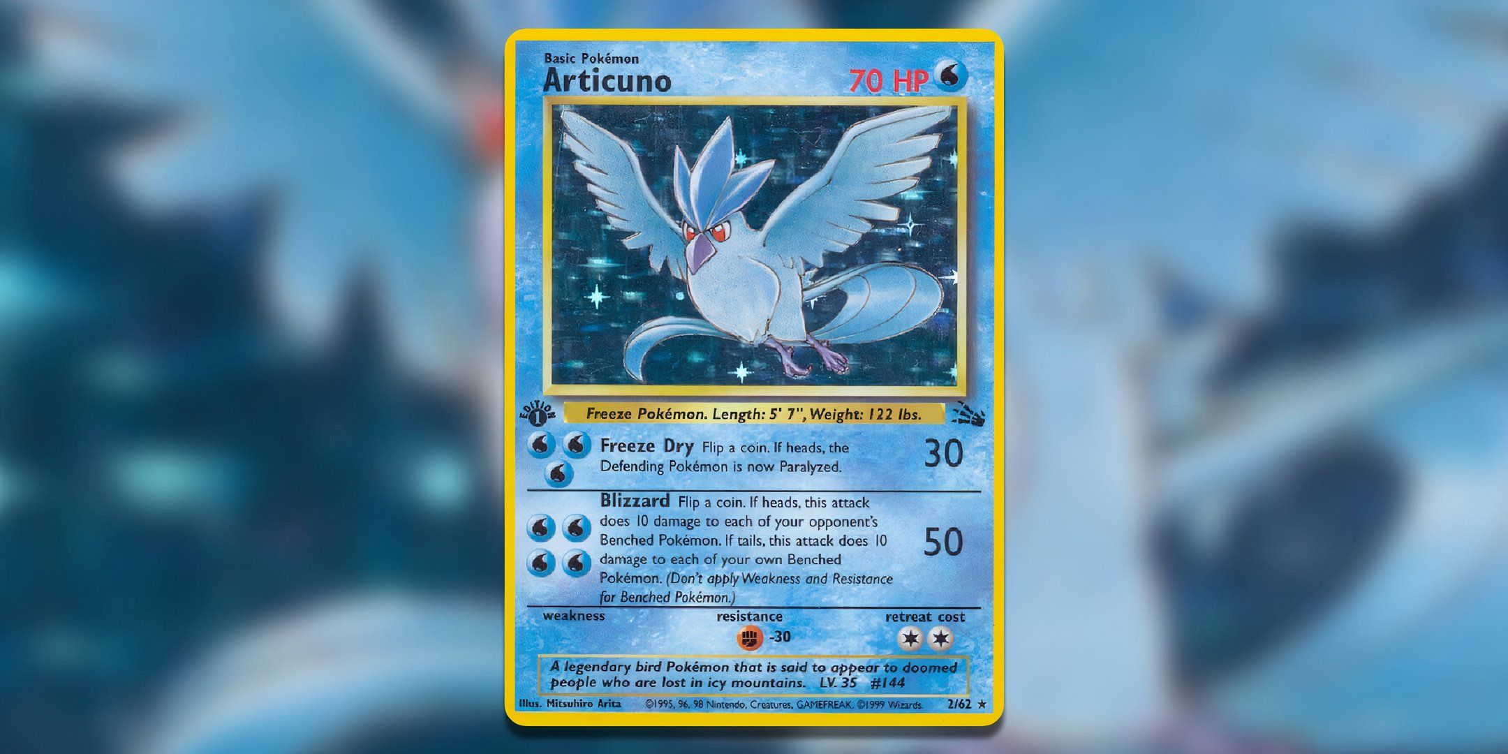 The Holographic Articuno from First Edition Fossil in the Pokemon TCG.