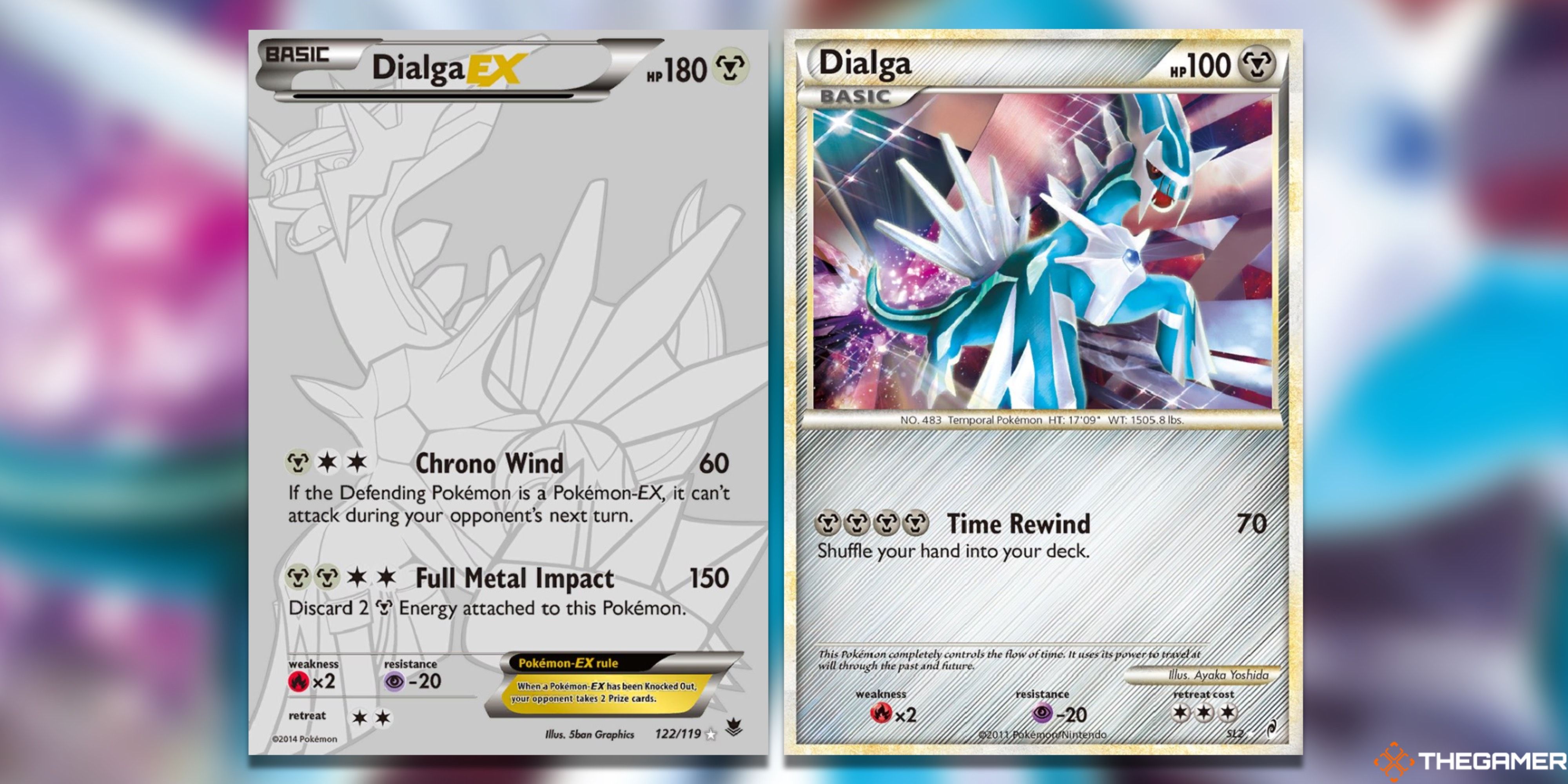 The Dialga EX from Phantom Forces and Dialga Shiny from Call of Legends in the Pokemon TCG.