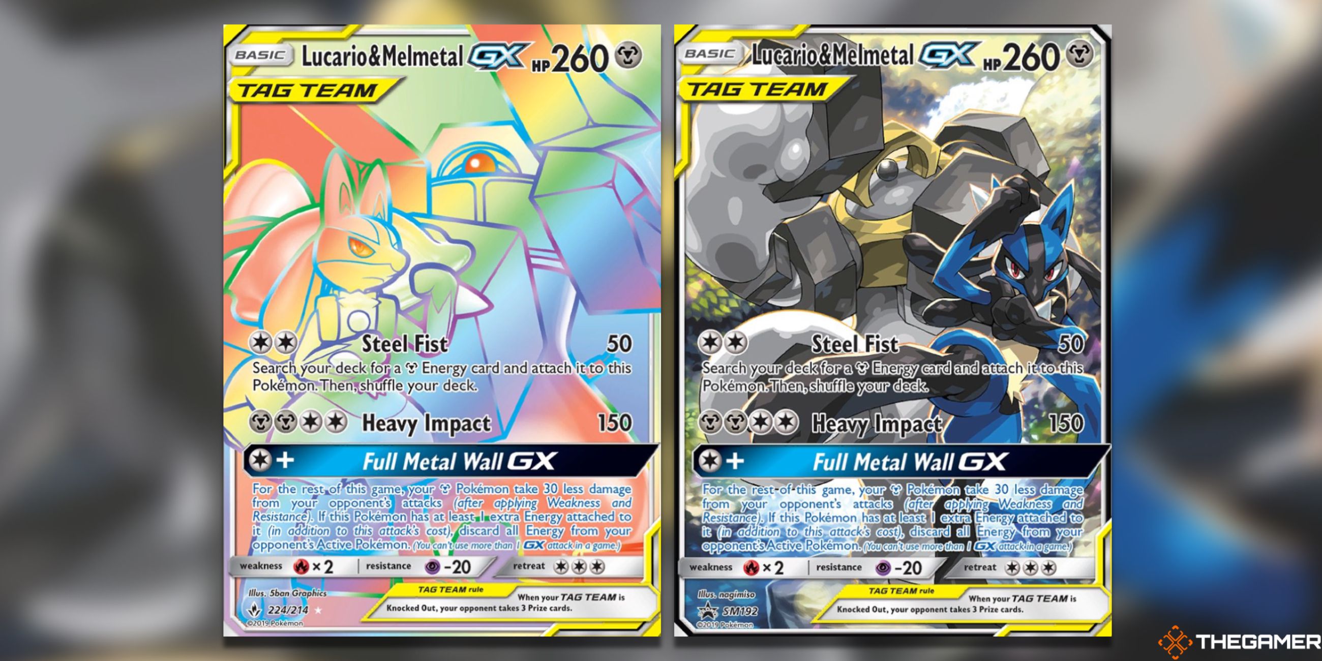 The Lucario & Melmetal GX Secret from Unbroken Bonds and the Lucario & Melmetal GX Sun & Moon promo in the Pokemon TCG.