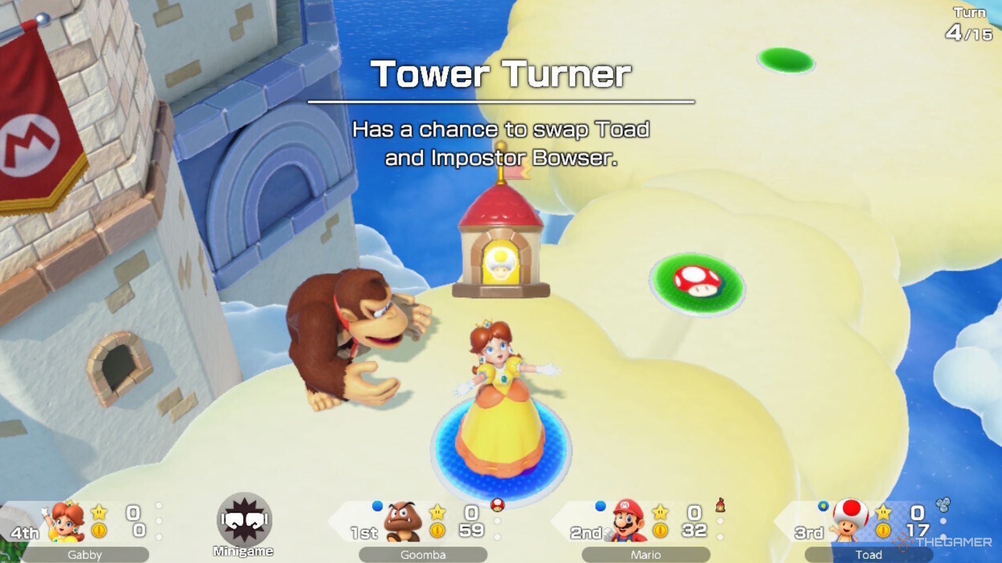 Daisy Holding Up The Tower Turner Item In Super Mario Party Jamboree.