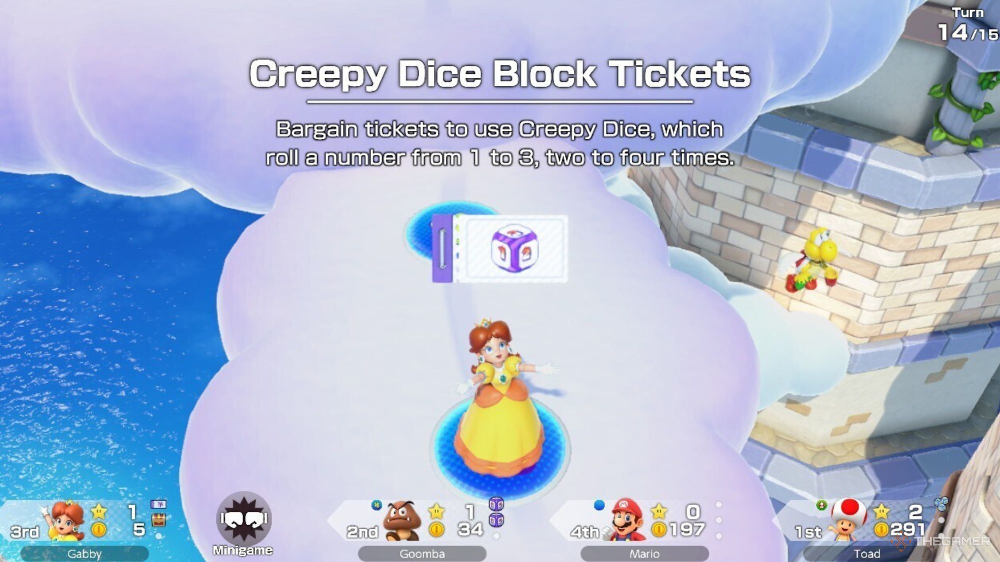 Daisy Holding Up The Creepy Dice Block Tickets In Super Mario Party Jamboree.