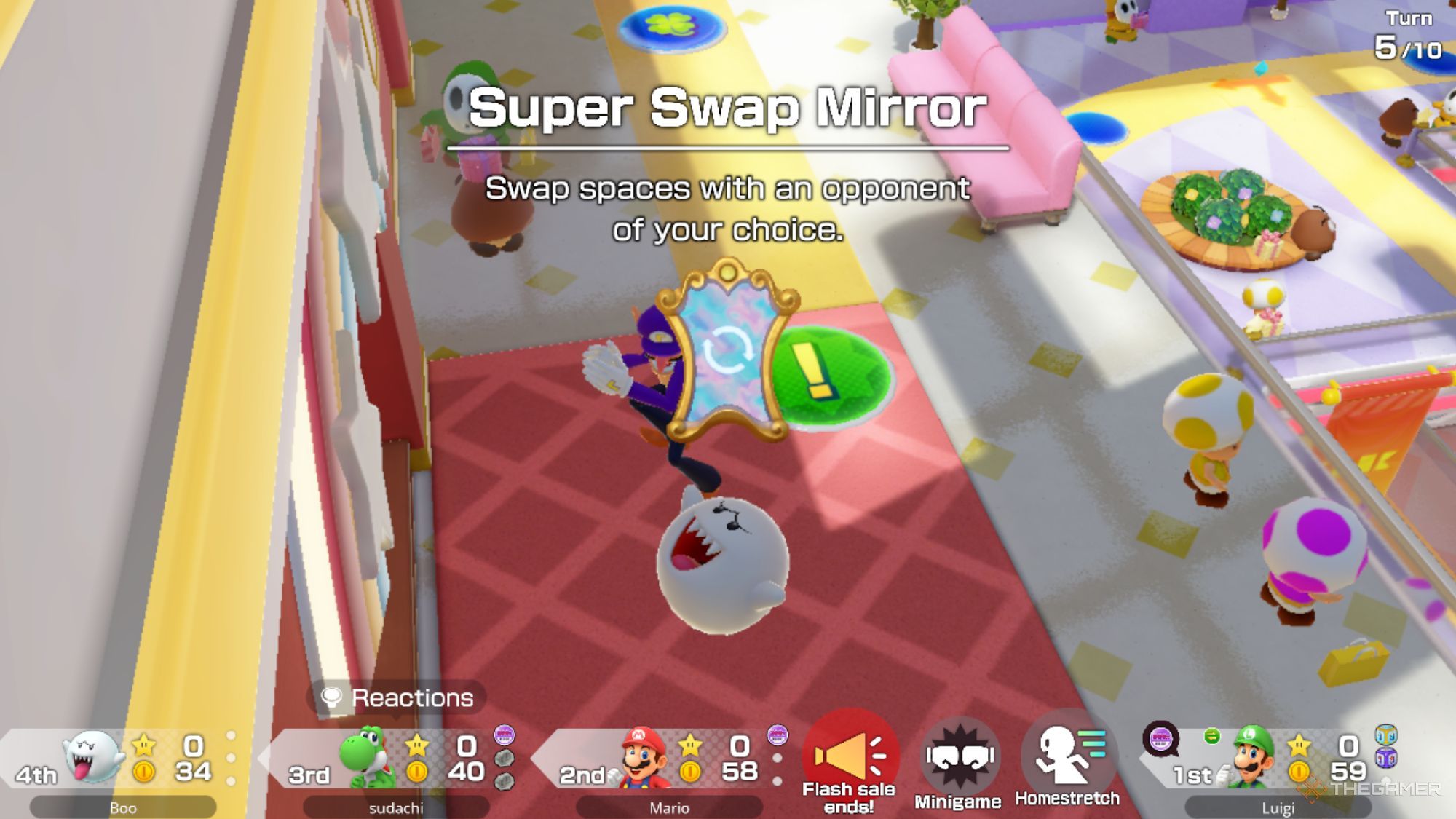 Boo Holding Up The Super Swap Mirror In Super Mario Party Jamboree.