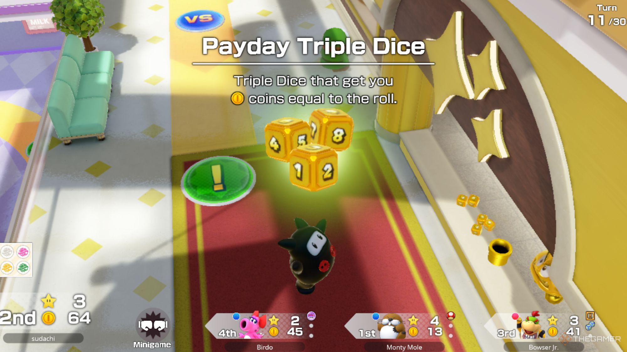 Ninji Holding Up The Payday Triple Dice Item In Super Mario Party Jamboree.