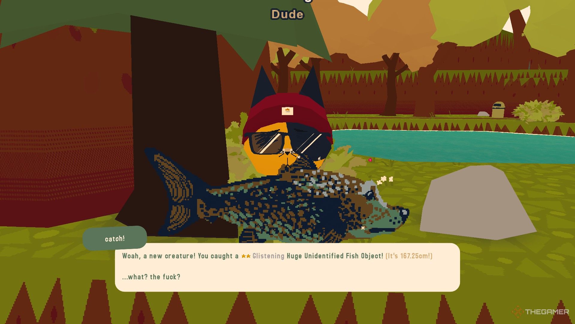 The player catchs Unidentified Fish Object in Webfishing.