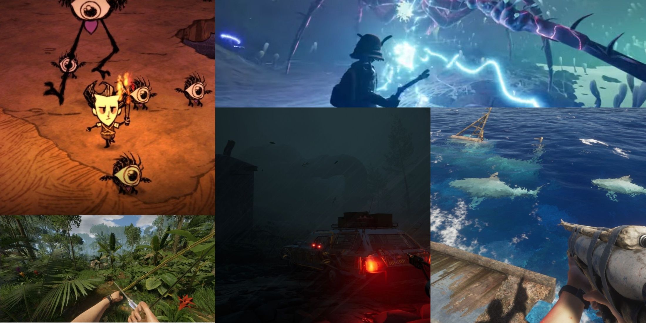 Grounded, Stranded Deep, Pacific Drive, Green Hell, Don't Starve mixed gameplay collage