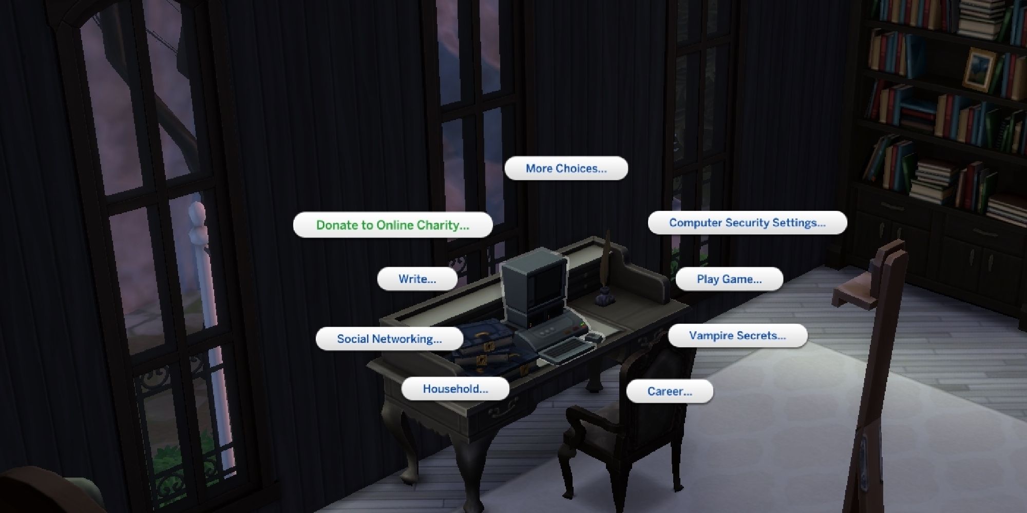 Image of option to  donate to online charity option highlighted at computer Sims 4.