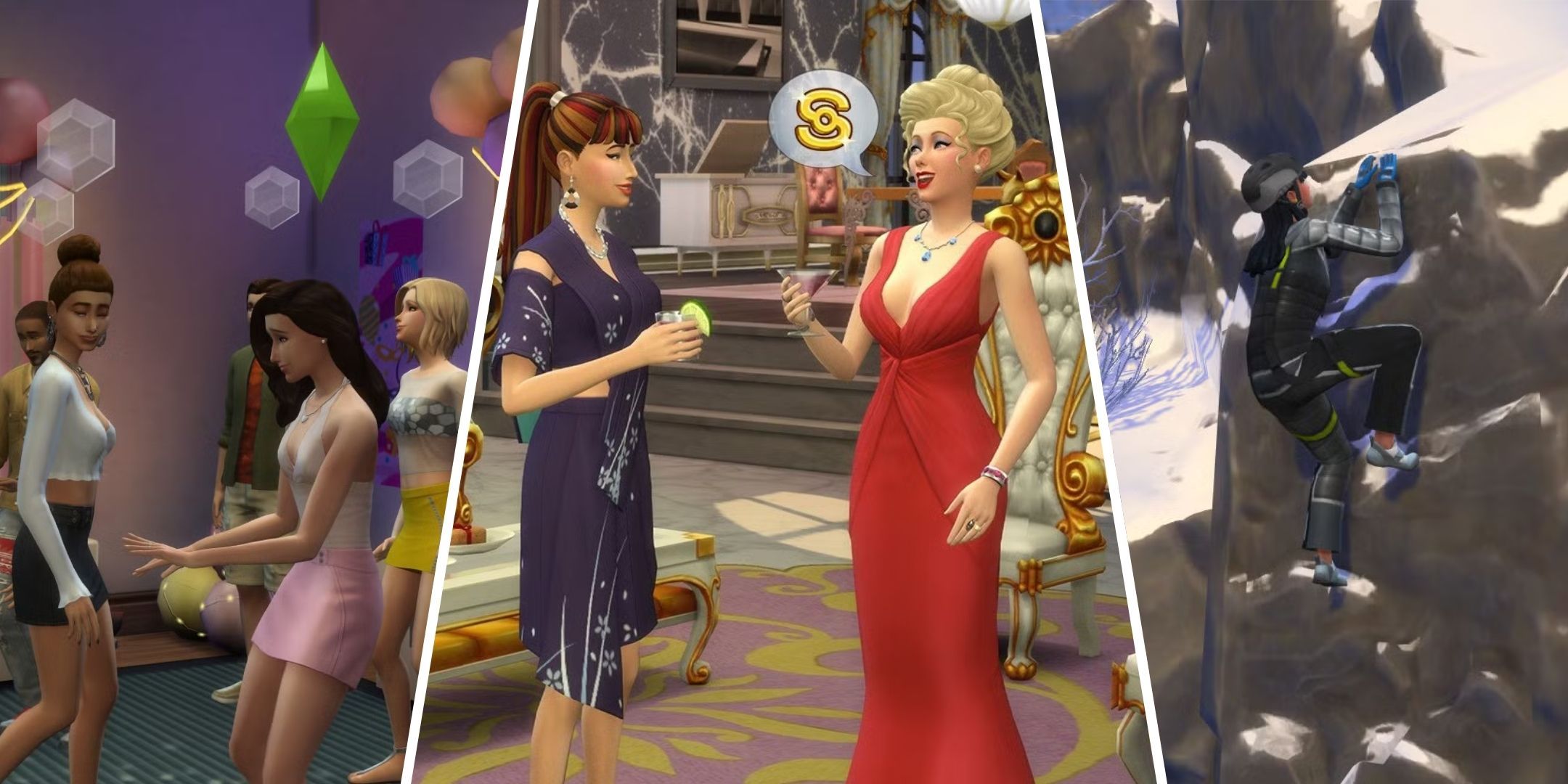 Image of Sims partying, Judith Ward talking to someone, and a Sim climbing Komorebi from Sims 4.