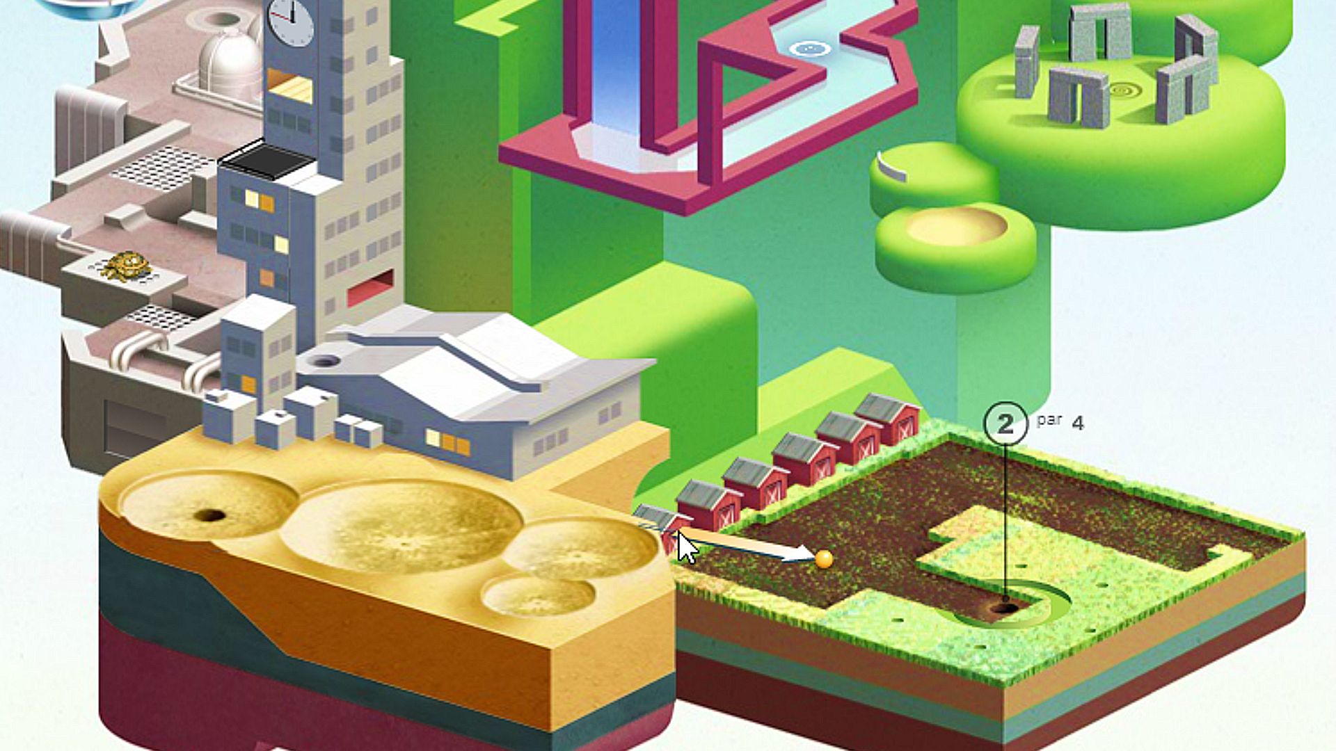 Online games: Wonderputt. Image shows a city-esque golf course.