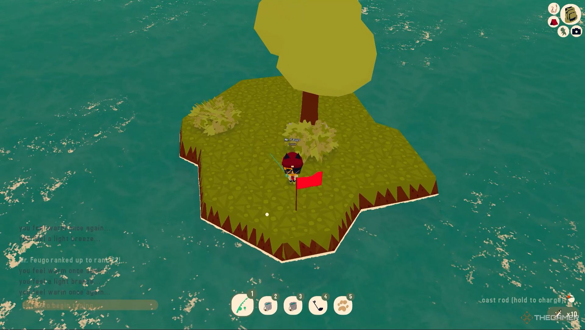 Player is interacting with the red flag on his private island in Webfishing.