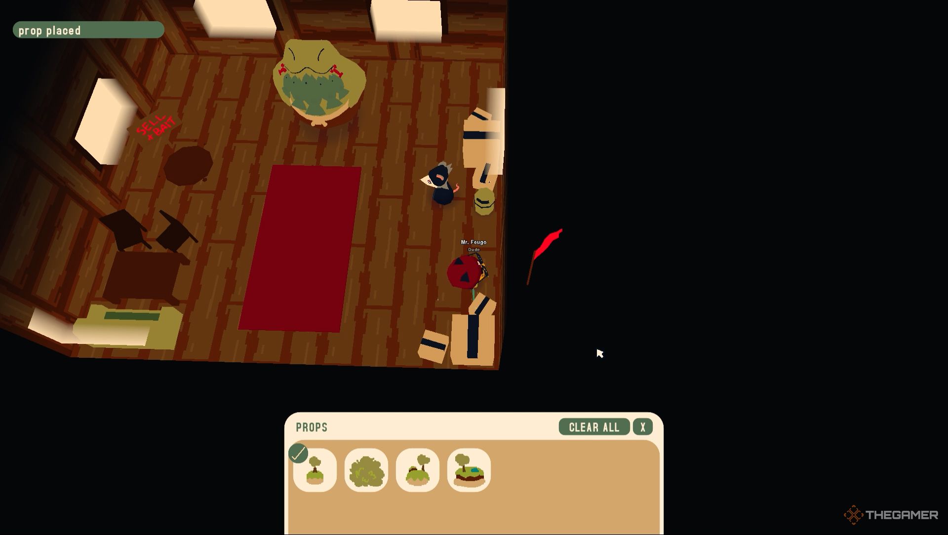 The player places a red flag outside the hut in Webfishing.