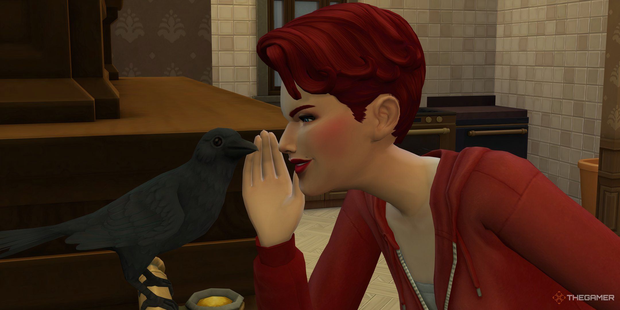 A Sim talking to her Crow in The Sims 4 Life and Death.