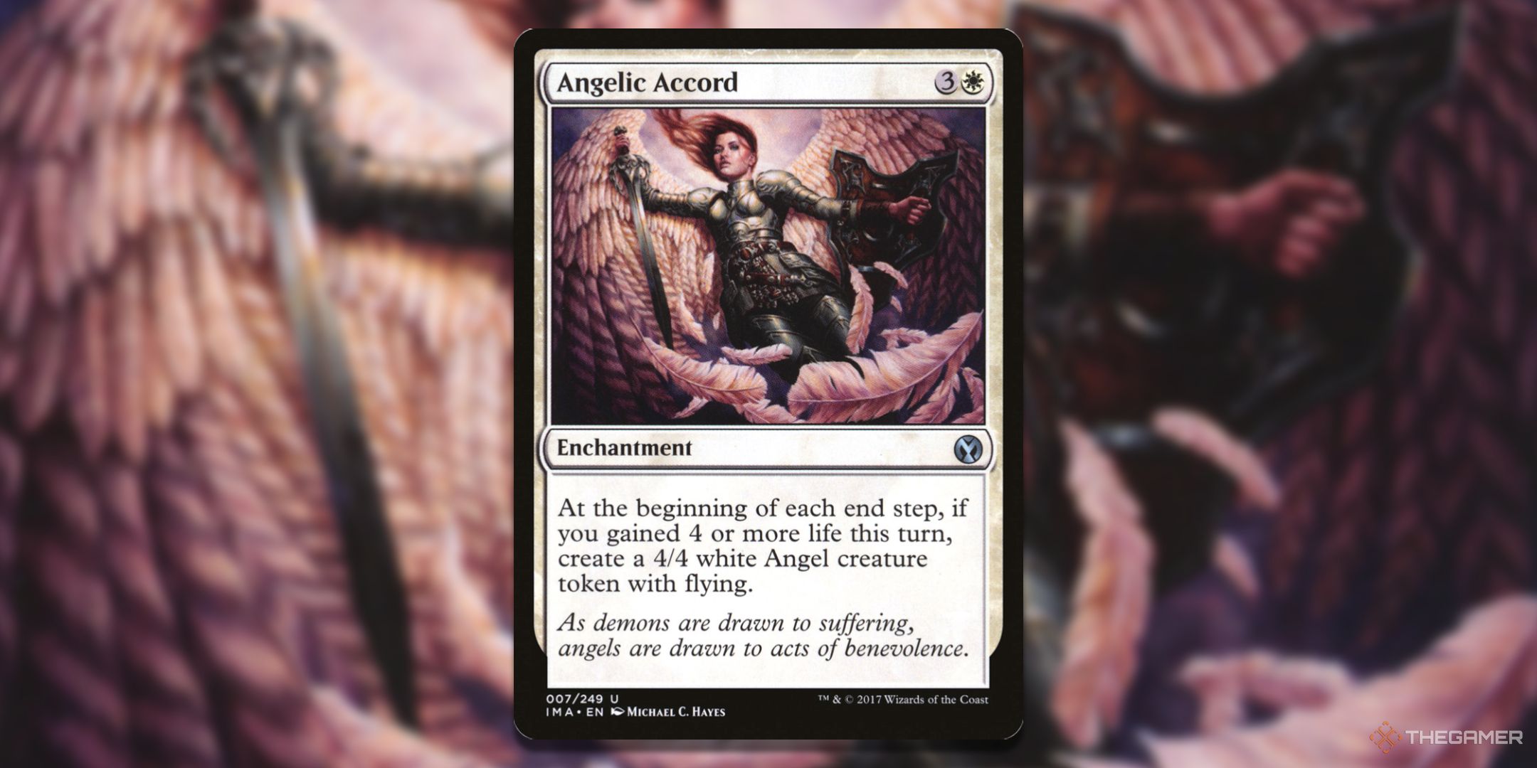 MTG Angelic Accord card with the art in the background.