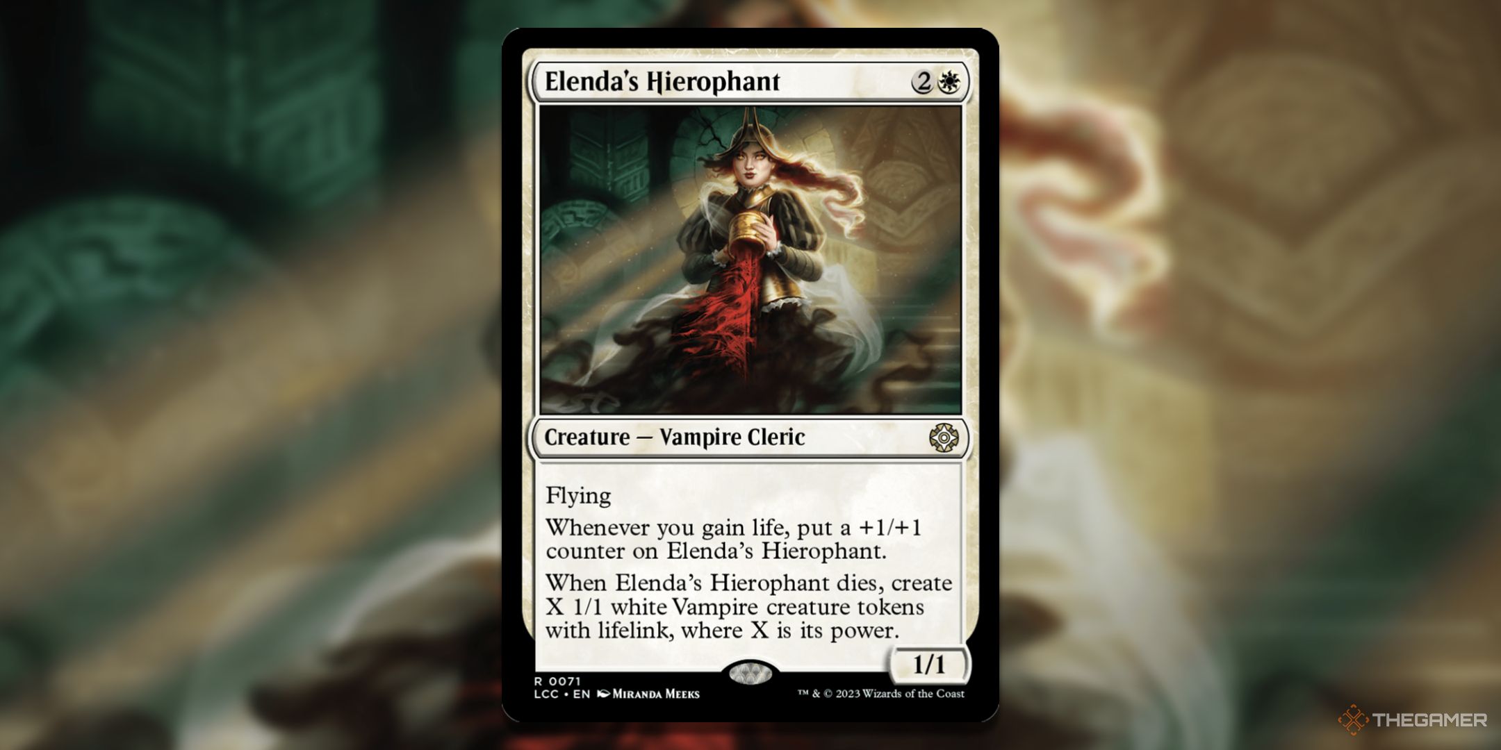 MTG Elenda's Hierophant card with the art in the background.