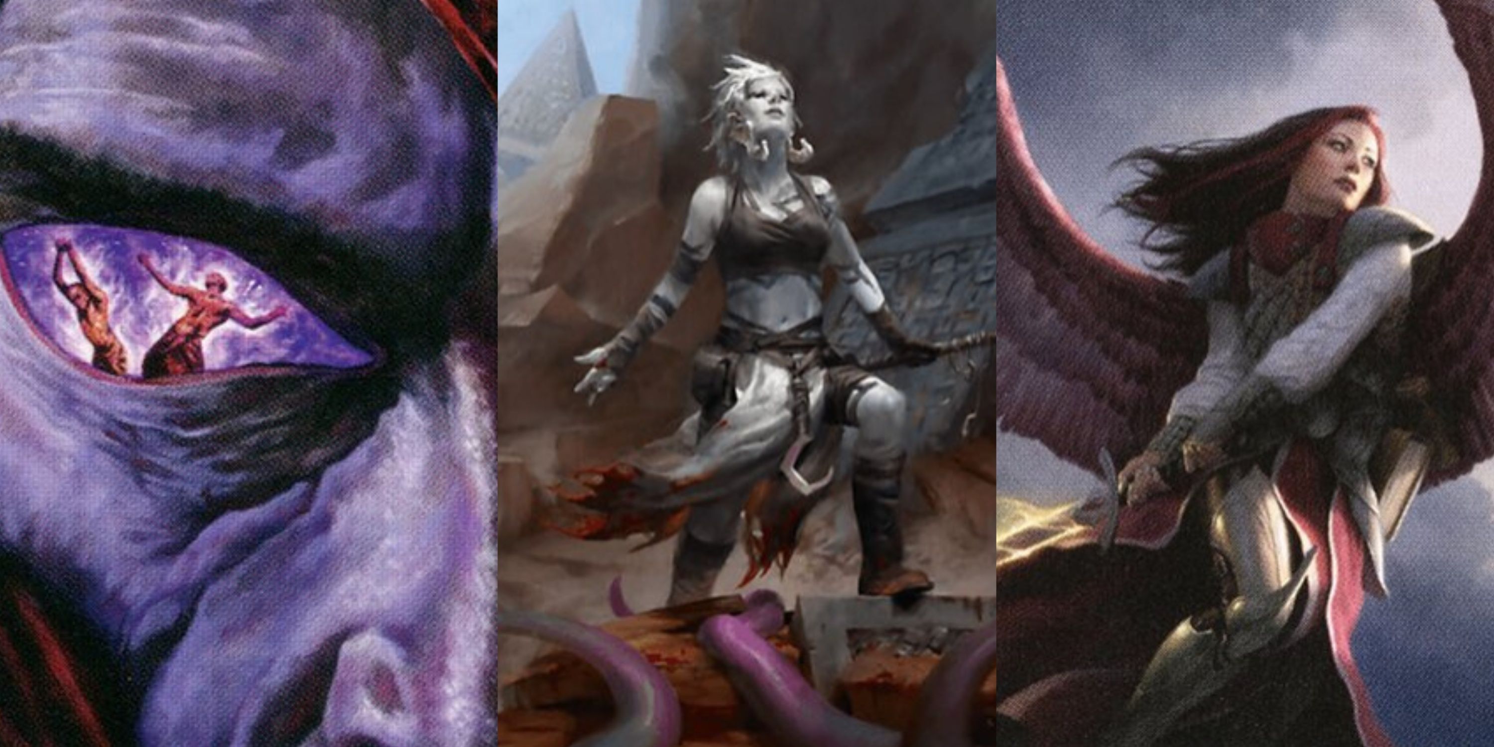 MTG card artworks for Dictate of Erebos, Ayl,i Eternal Pilgrim, and Archangel of Thune.