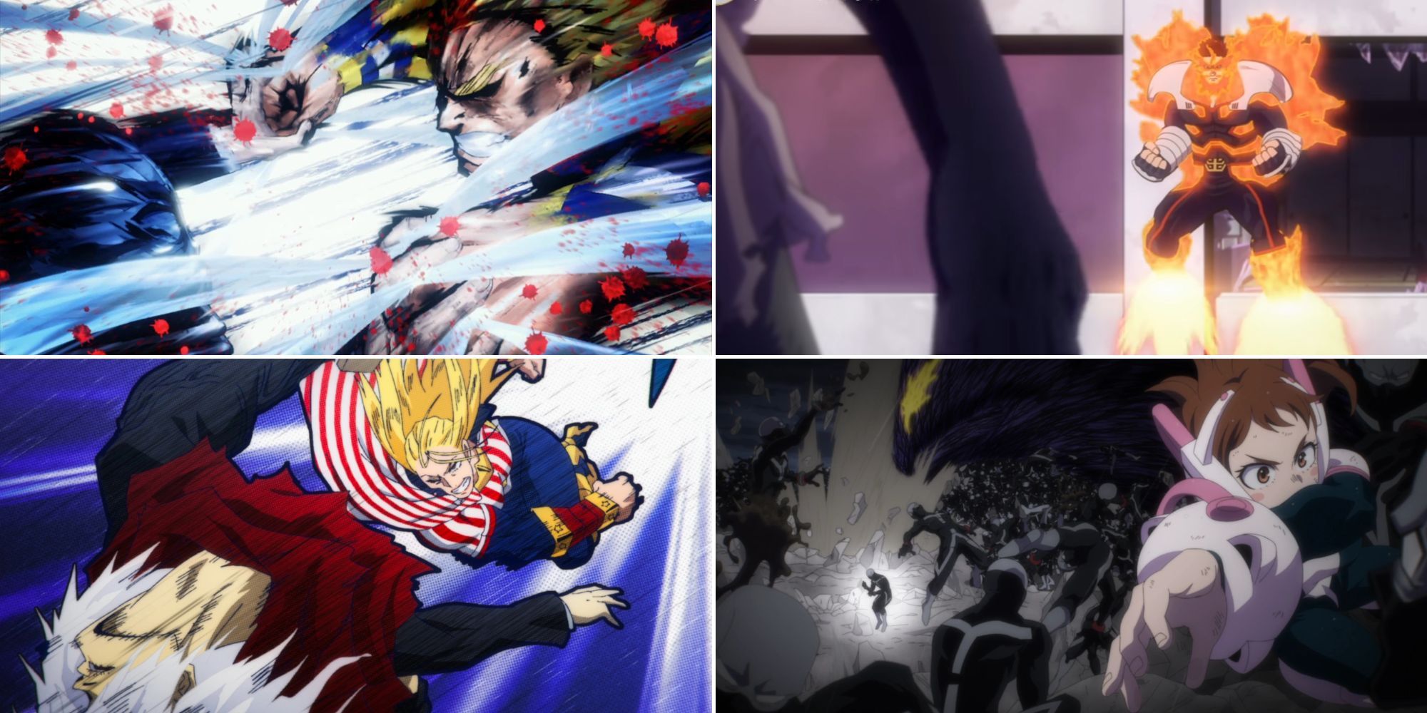 A collage of fights in My Hero Academia that are better in the anime than in the manga: All Might vs. All For One, Endeavor vs. Hood, Shigaraki vs. Star and Stripe and Toga vs Ochaco Uraraka.