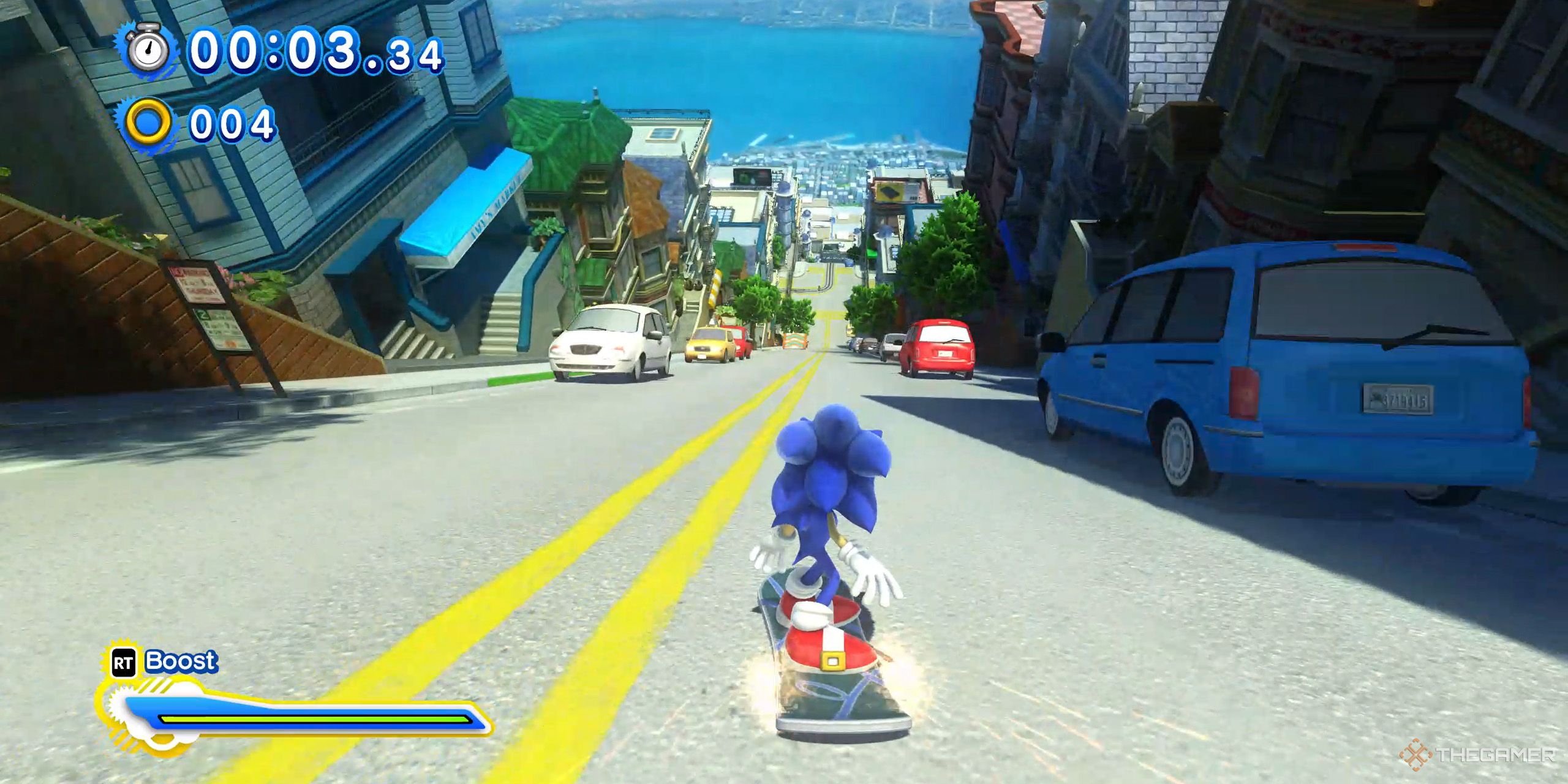 Sonic sledding down a road in City Escape from Sonic X Shadow Generations.