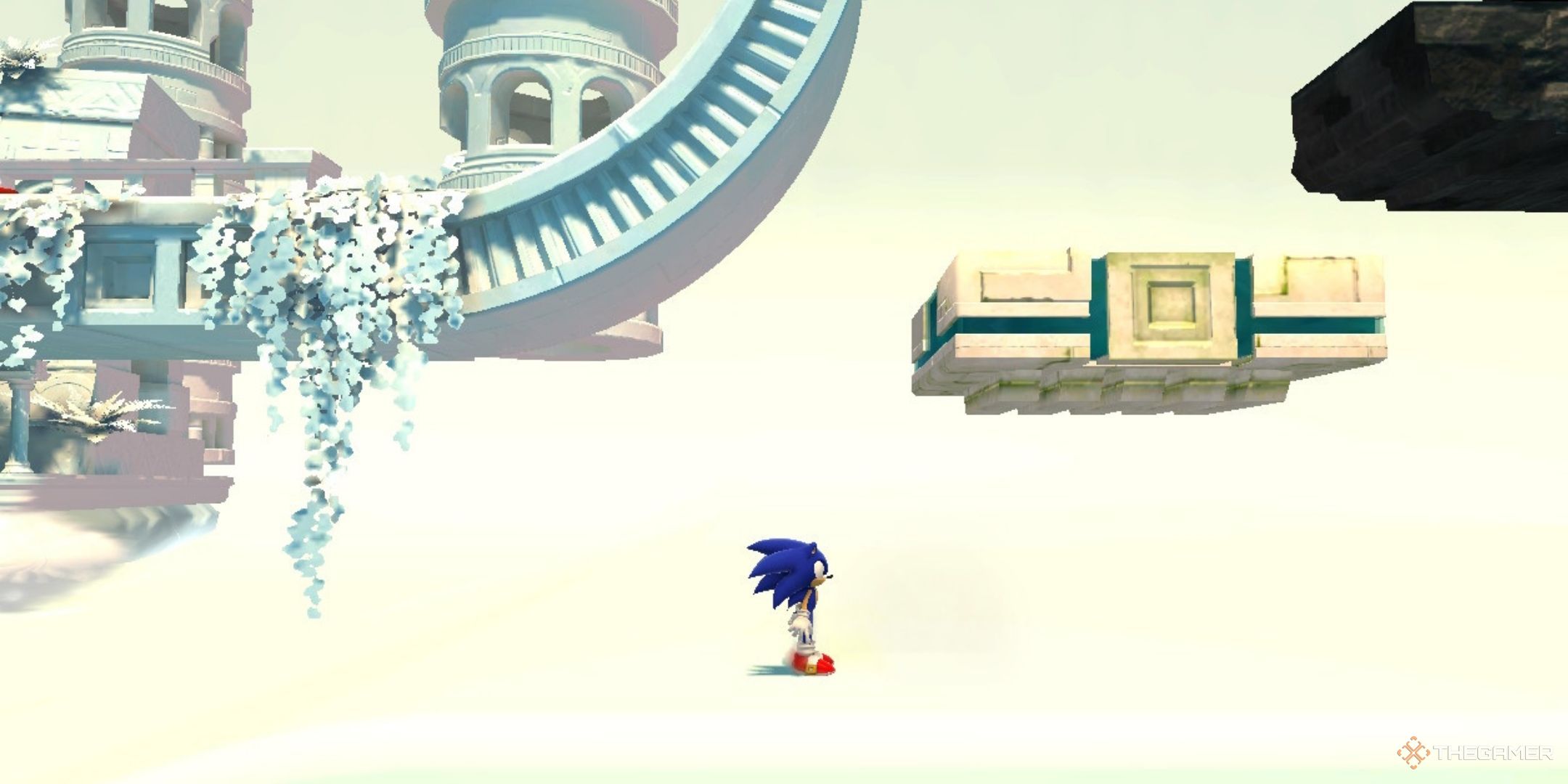 Sonic is in the white space in sonic x shadow generations.