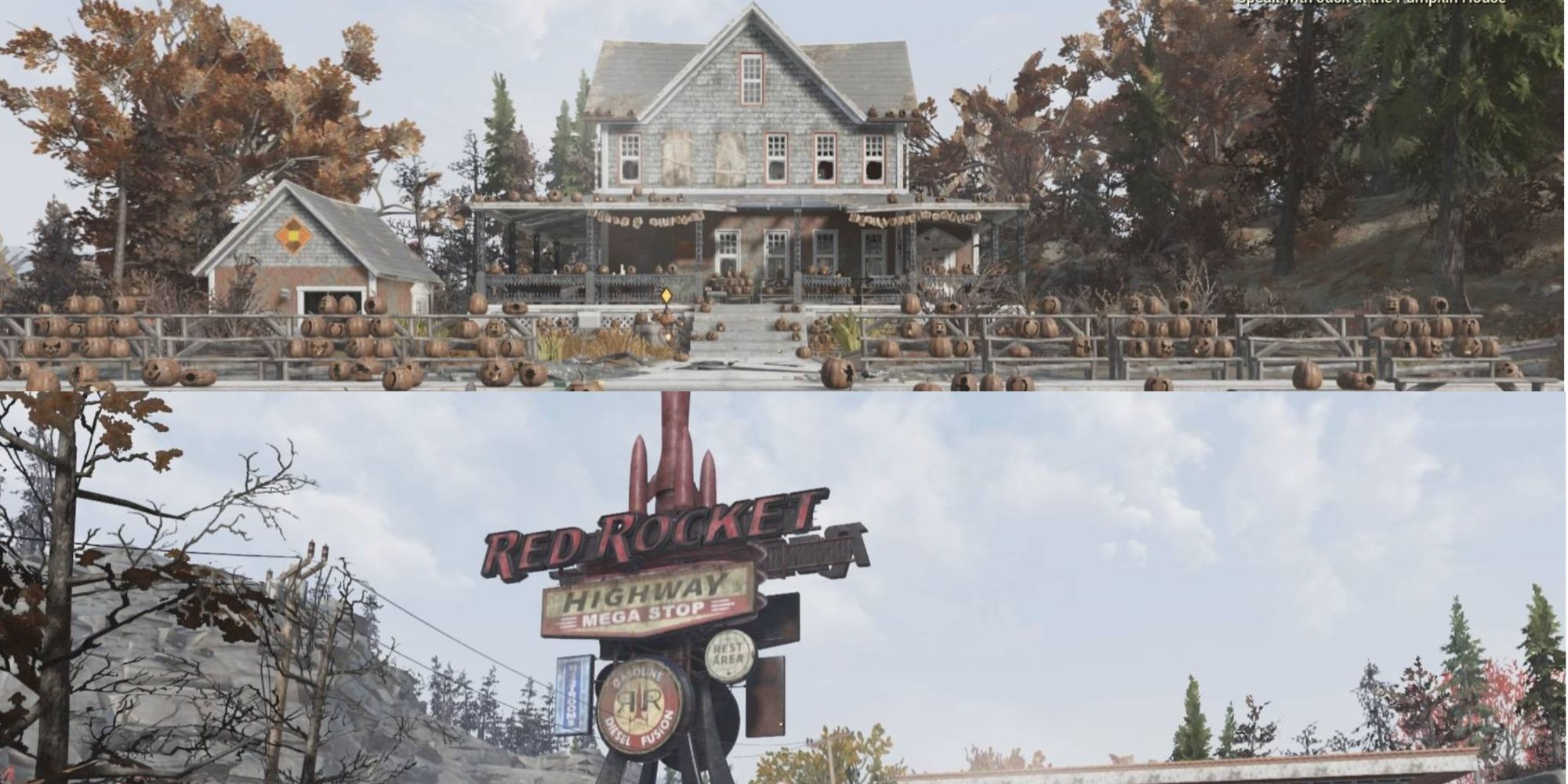 A split image of different locations in Fallout 76