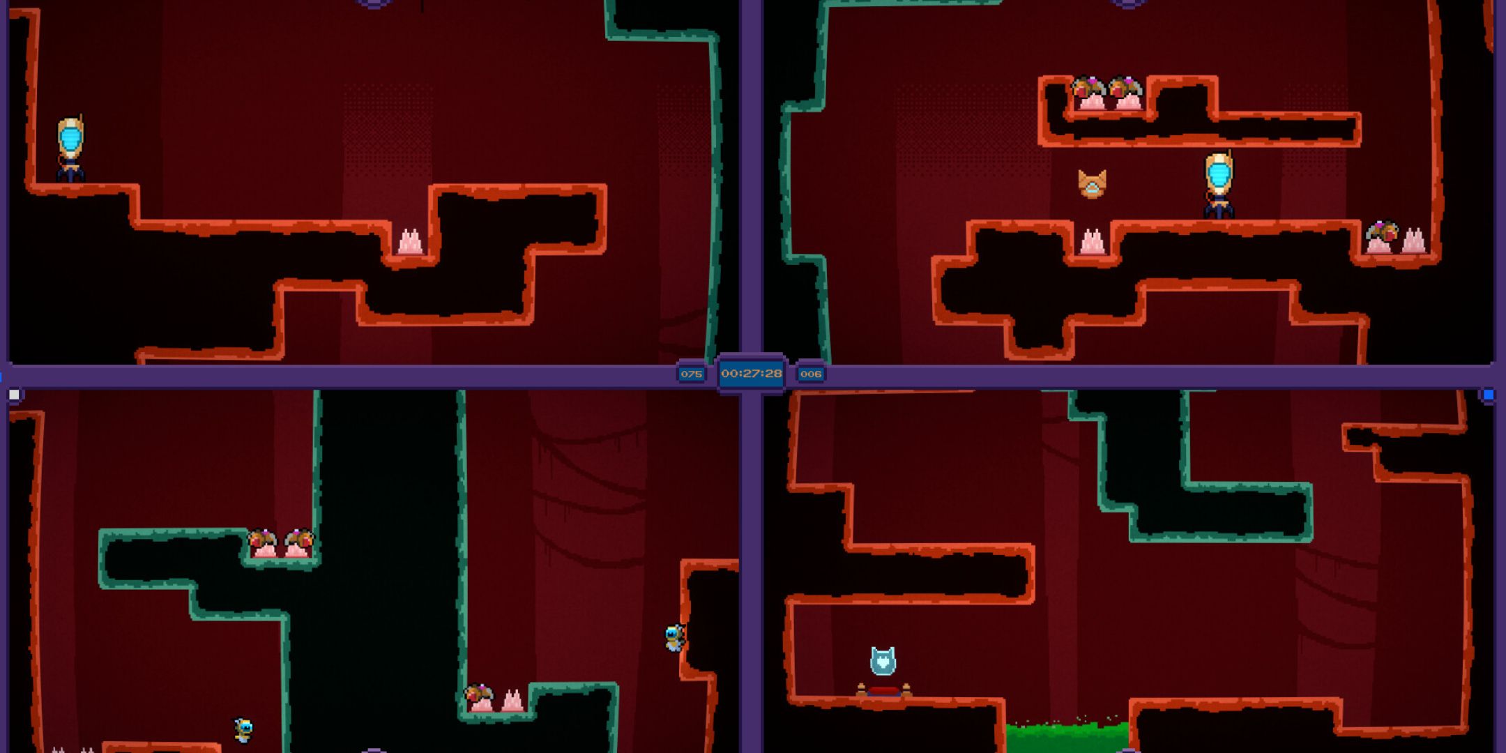 Quadroids screenshot of split-screen gameplay with all four screens showing a red level