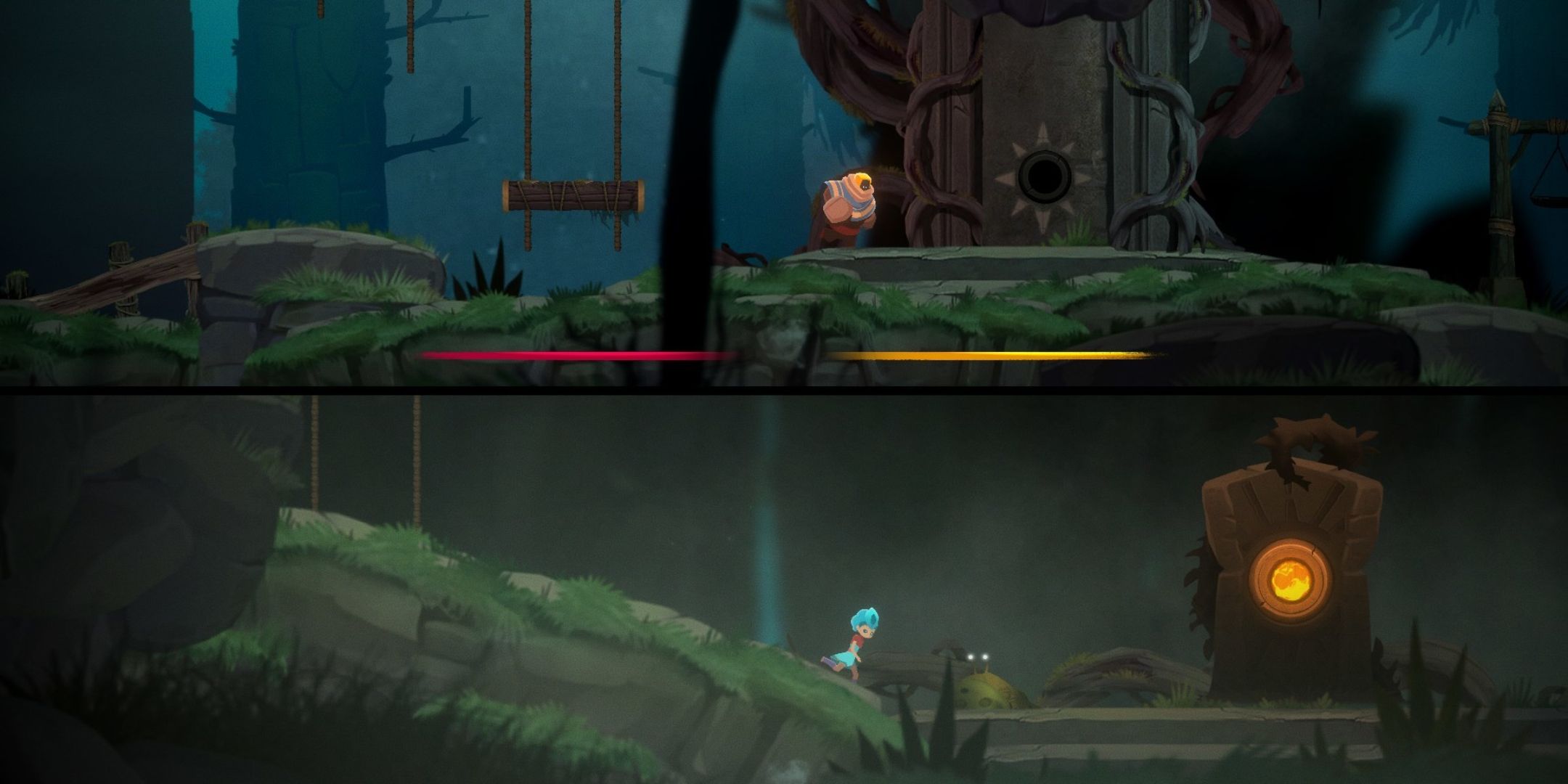 Hand In Hand screenshot of split-screen gameplay. Both screens include characters in a dark forest.