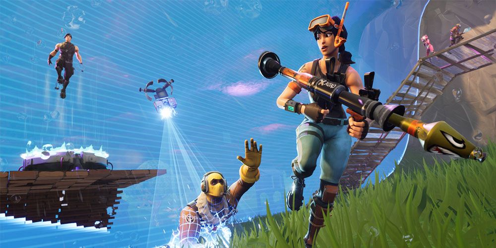 Fornite promo image of character running forward with another behind her who's being killed by the closing wall.