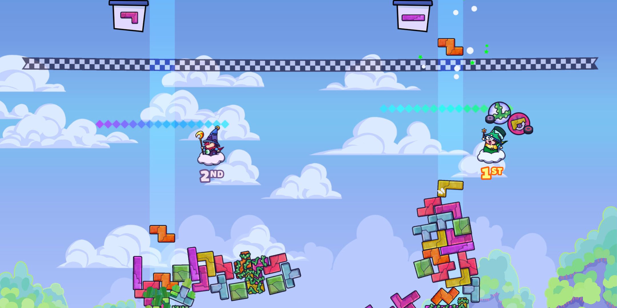 Tricky Towers screenshot of two towers with the left one falling.