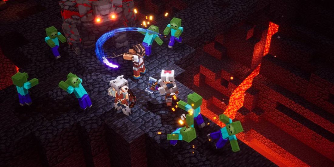 Minecraft Dungeon screenshot of players battling hordes of zombies.