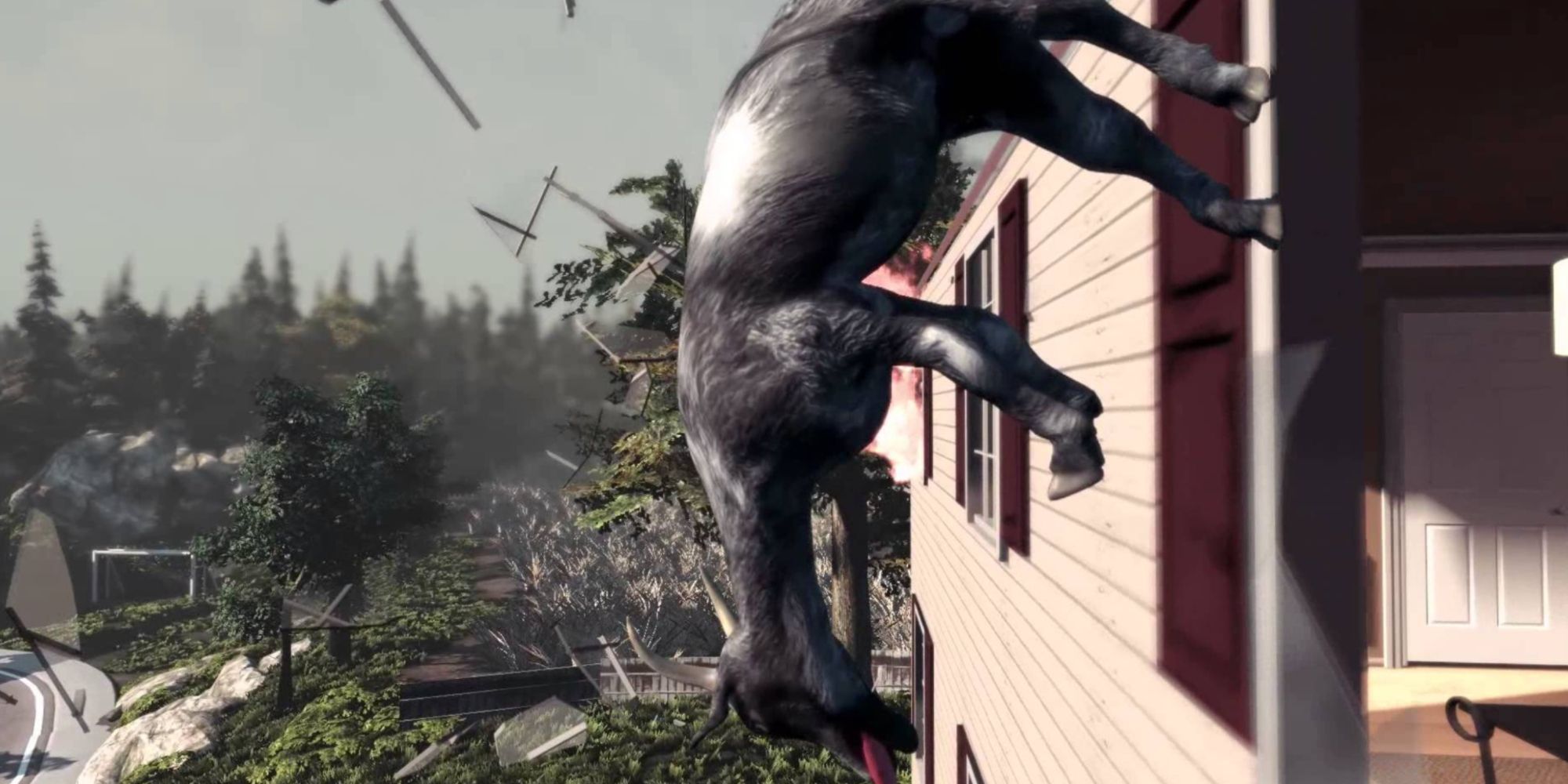 Goat flying out of a smashed window in Goat Simulator.