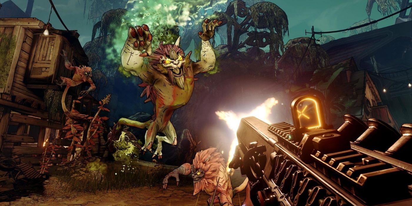 Borderlands 3 Promo image of combat against sabertooth monkey creatures.