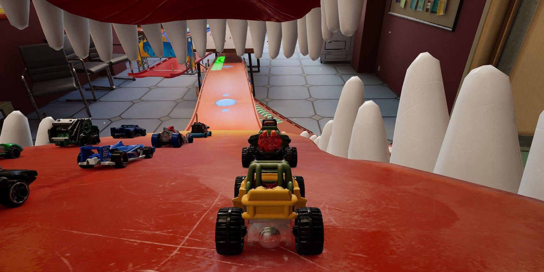 Screenshot of player driving inside a T-Rex in Hot Wheels Unleashed.