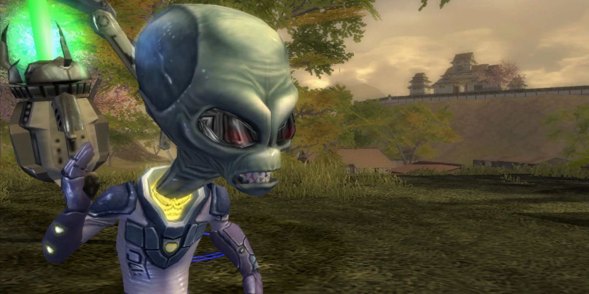 Destroy All Humans 2 screenshot of Crypto holding a gun while looking to the right.