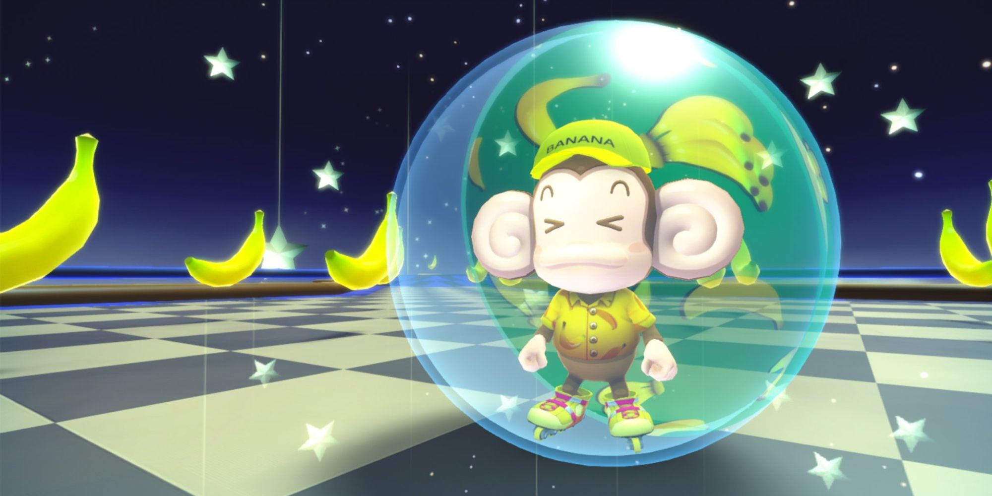 AiAi from Super Monkey Ball in a ball, surrounded by bananas.