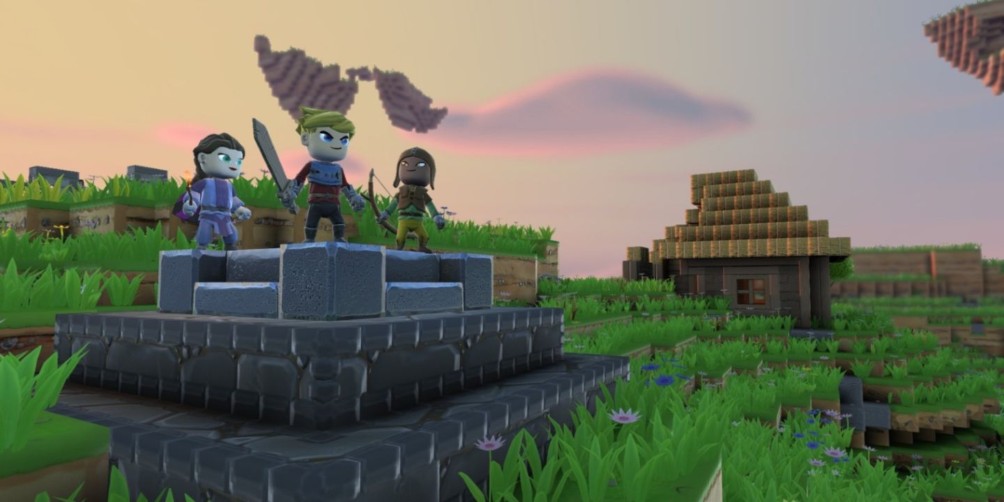 A mage, warrior and a ranger standing on a teleport platform in front of a house in Portal Knights.