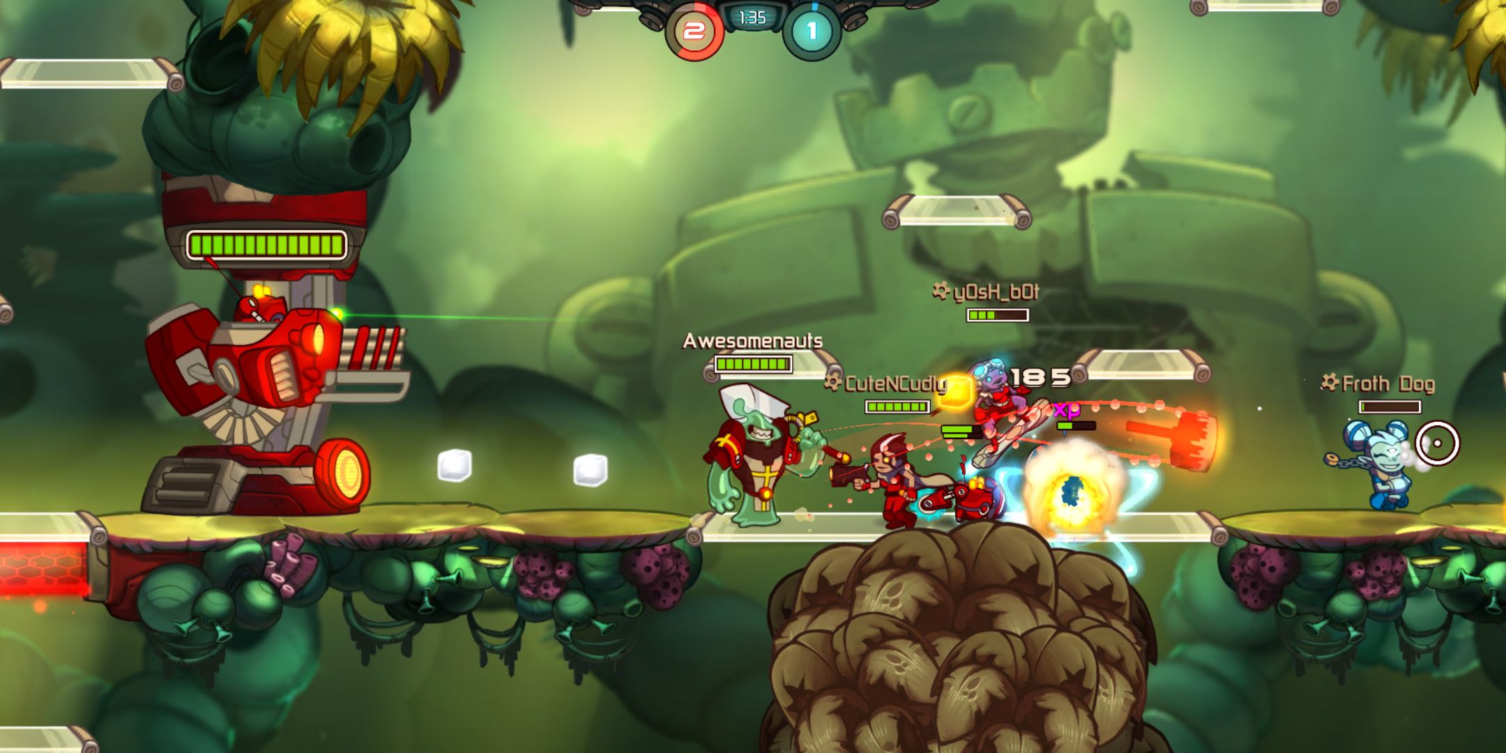 Awesomenauts screenshot of red team fighting blue team on light bridge.