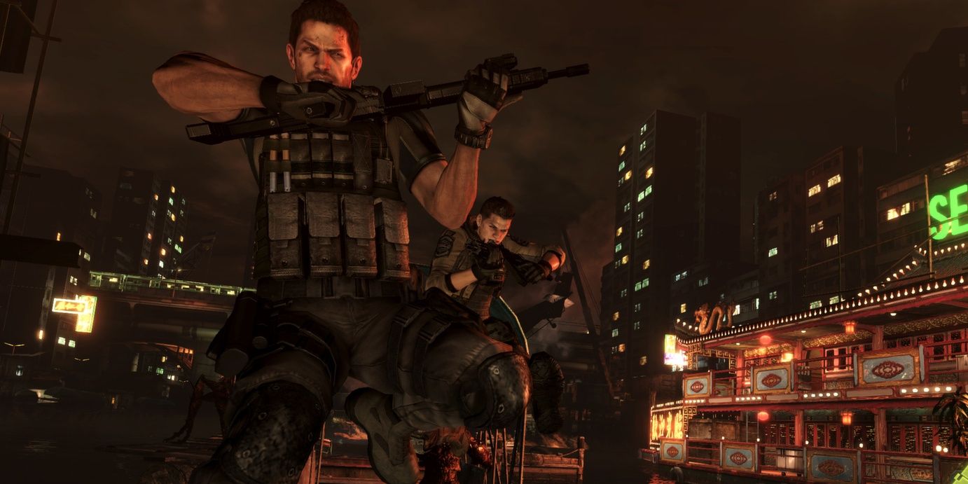 Resident Evil 6 screenshot of Chris and Piers jumping.