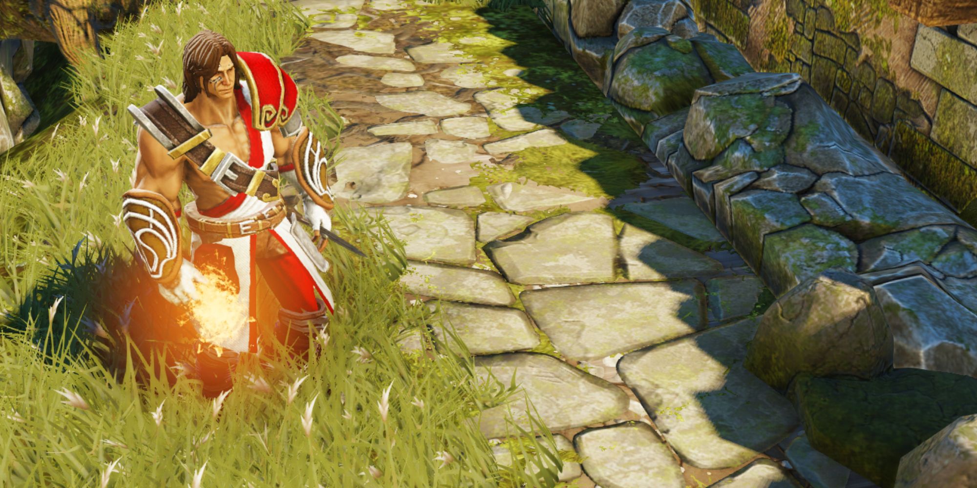 Divinity Original Sin screenshot of long-haired character standing on grass next to cobble road.