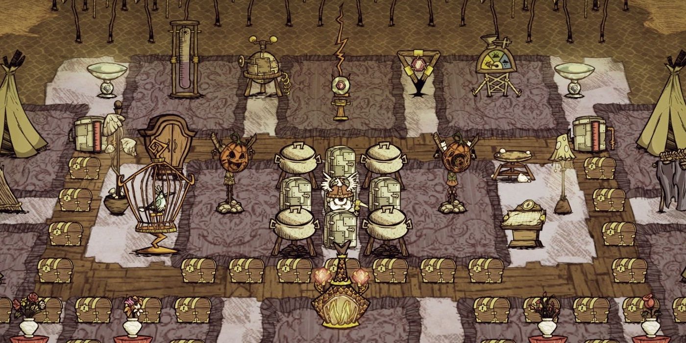 Don't Starve Together Wigfrid standing In base camp surrounded by chests, crockpots and ice boxes.