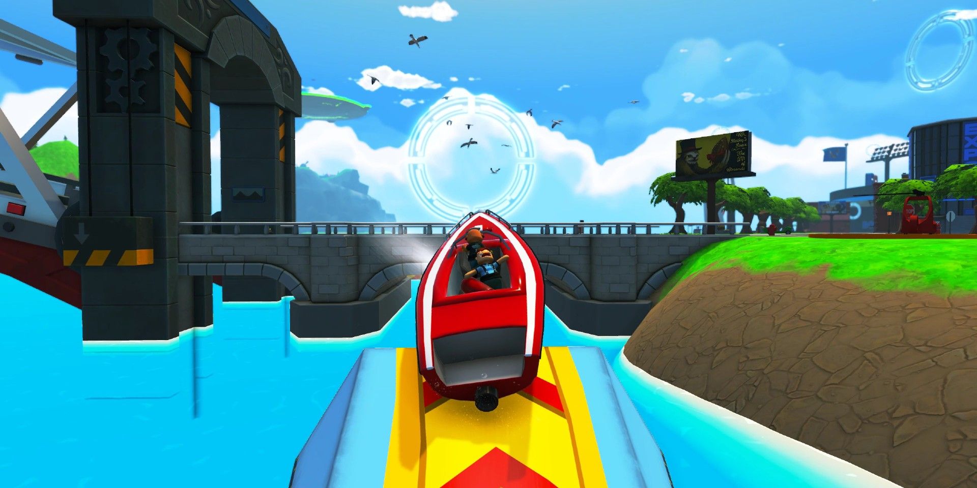 Totally Reliable Delivery Service screenshot of boat flying off ramp into hoop.