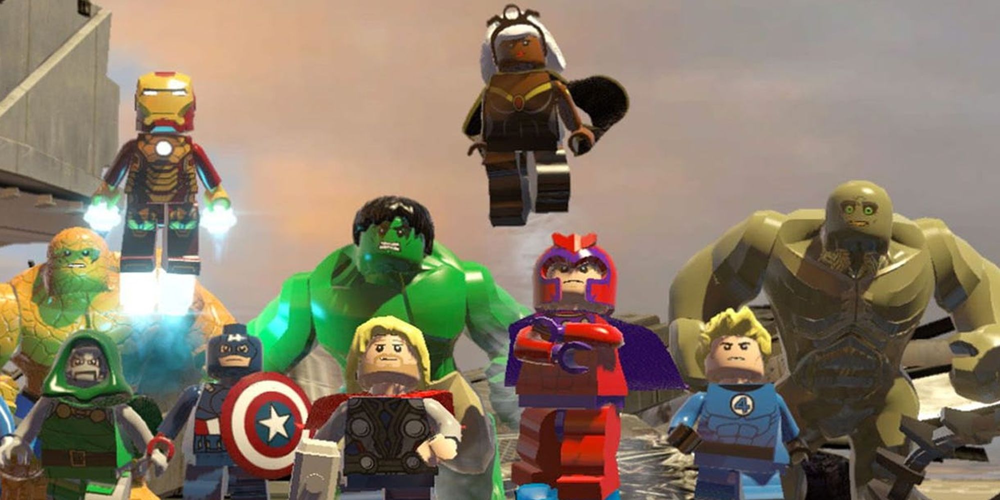 Lego Marvel Superheroes screenshot of various heroes and villains looking up above the camera.