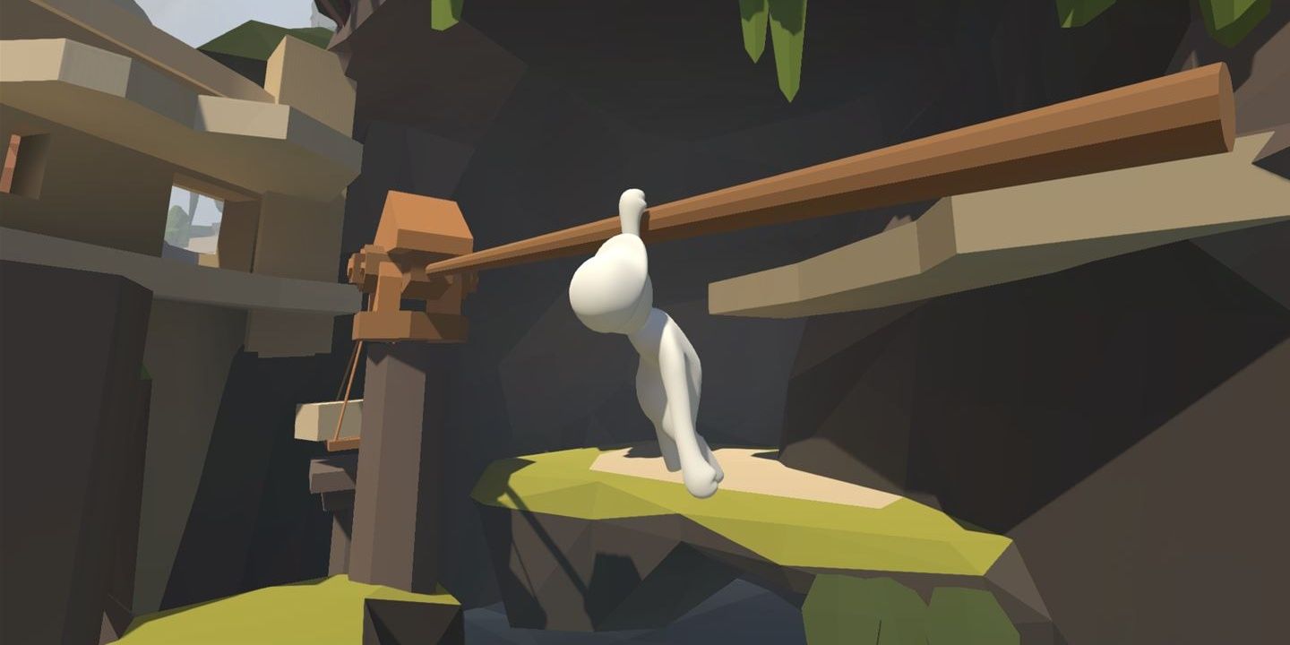 Screenshot of a character hanging onto pole in Human Fall Flat.